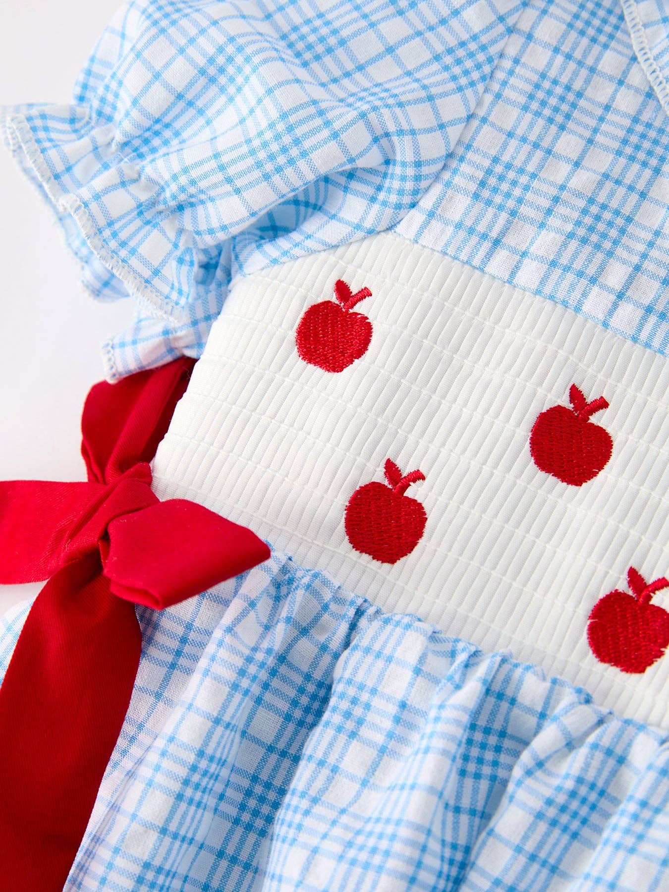 Back to School Blue Plaid Girls Cotton Dress Apple Embroidery DRG52471
