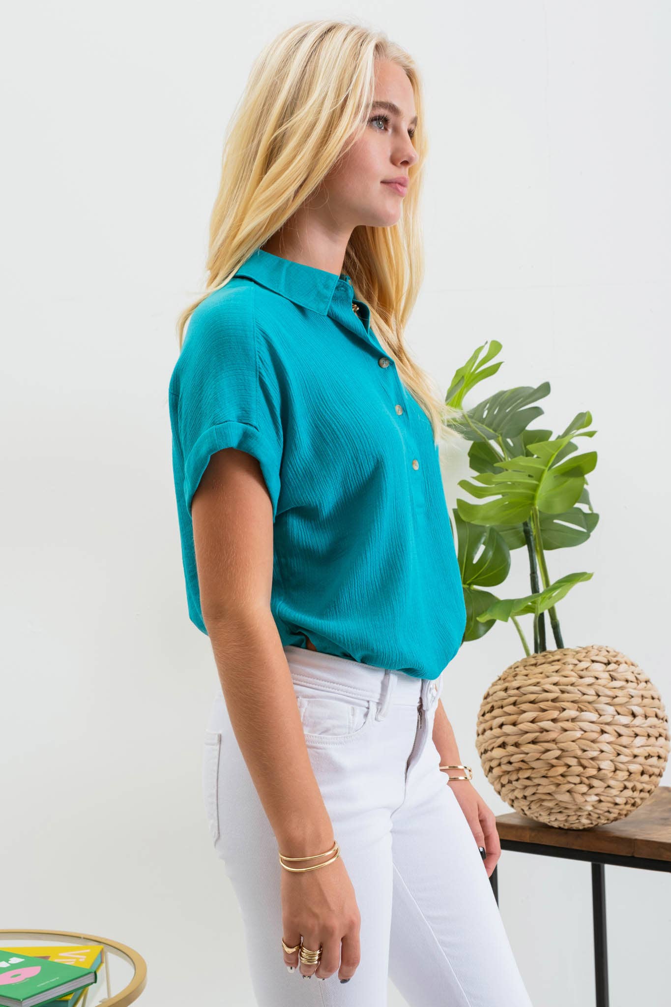 MID BUTTON DOWN CUFFED SHORT SLEEVE TOP CR1980