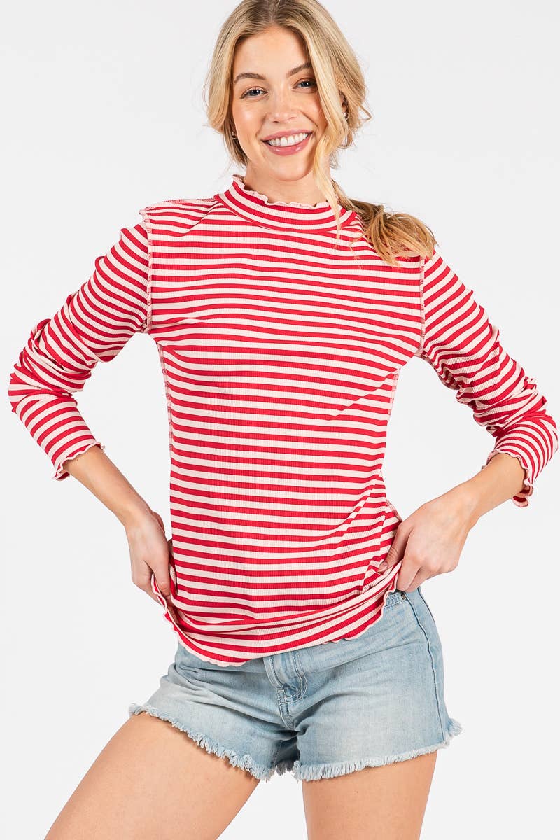 REVERSED STITCH RIBBED STRIPE LONG SLEEVE TOP-RSRSLS