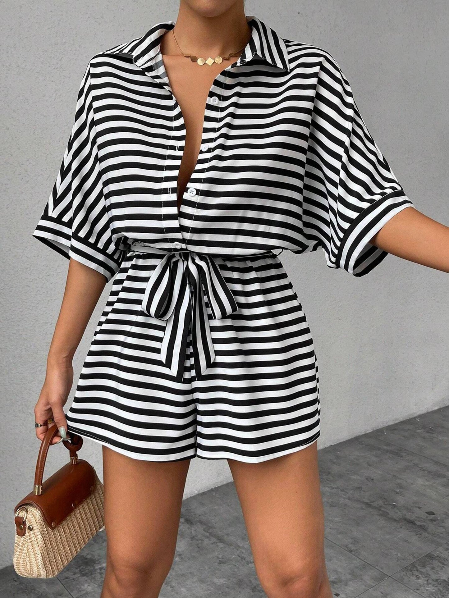 Striped Lapel Button Waistband Shorts Jumpsuit FRAX1