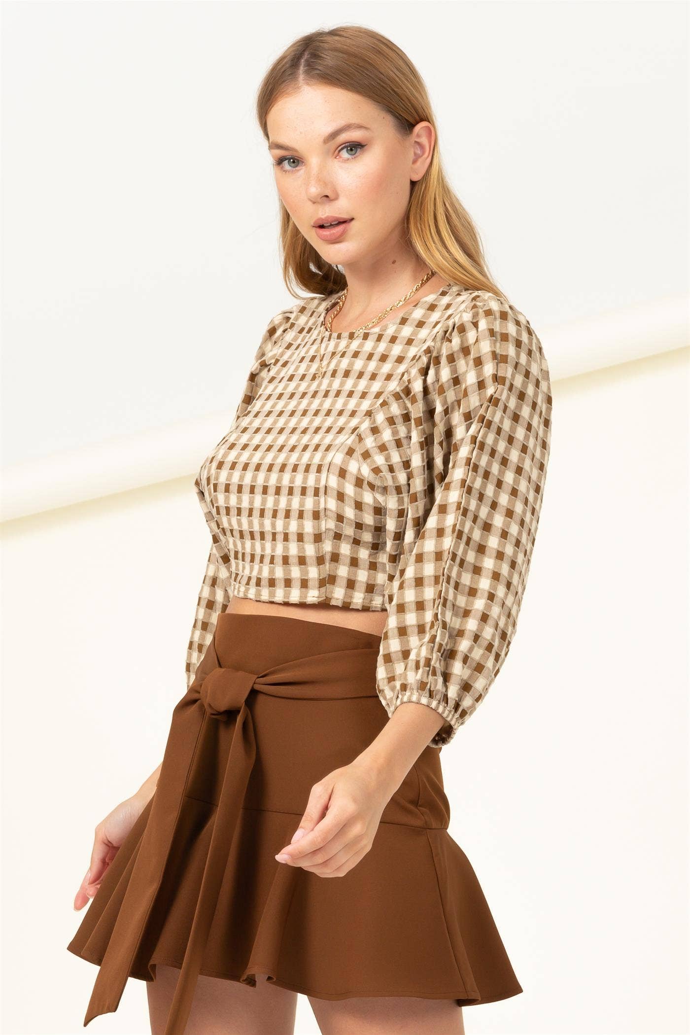 PUFF SLEEVE CHECKERED CROP TOP
