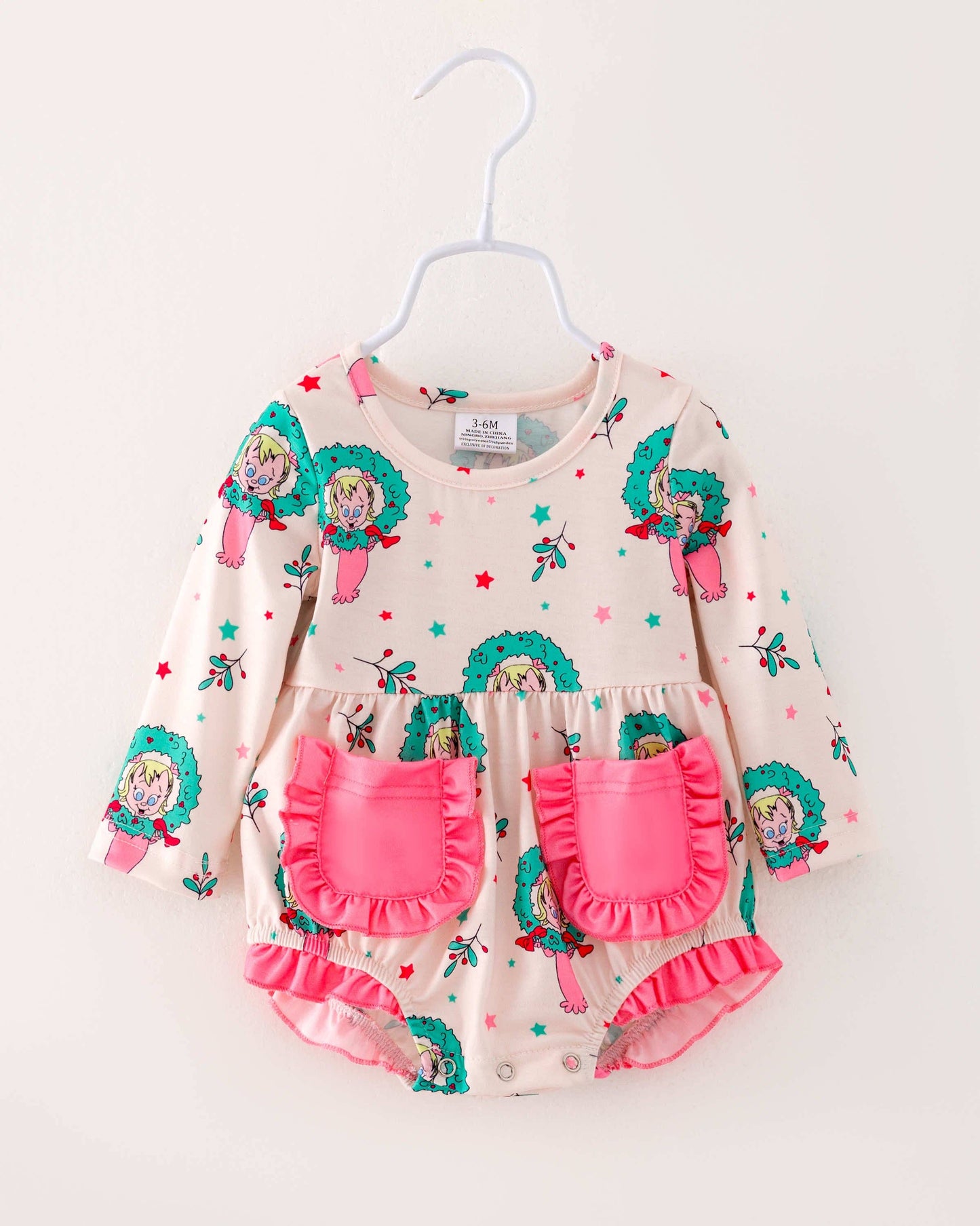 ✅ Beige Ruffle Poctet Baby Girl Bubble Romper RPG40798