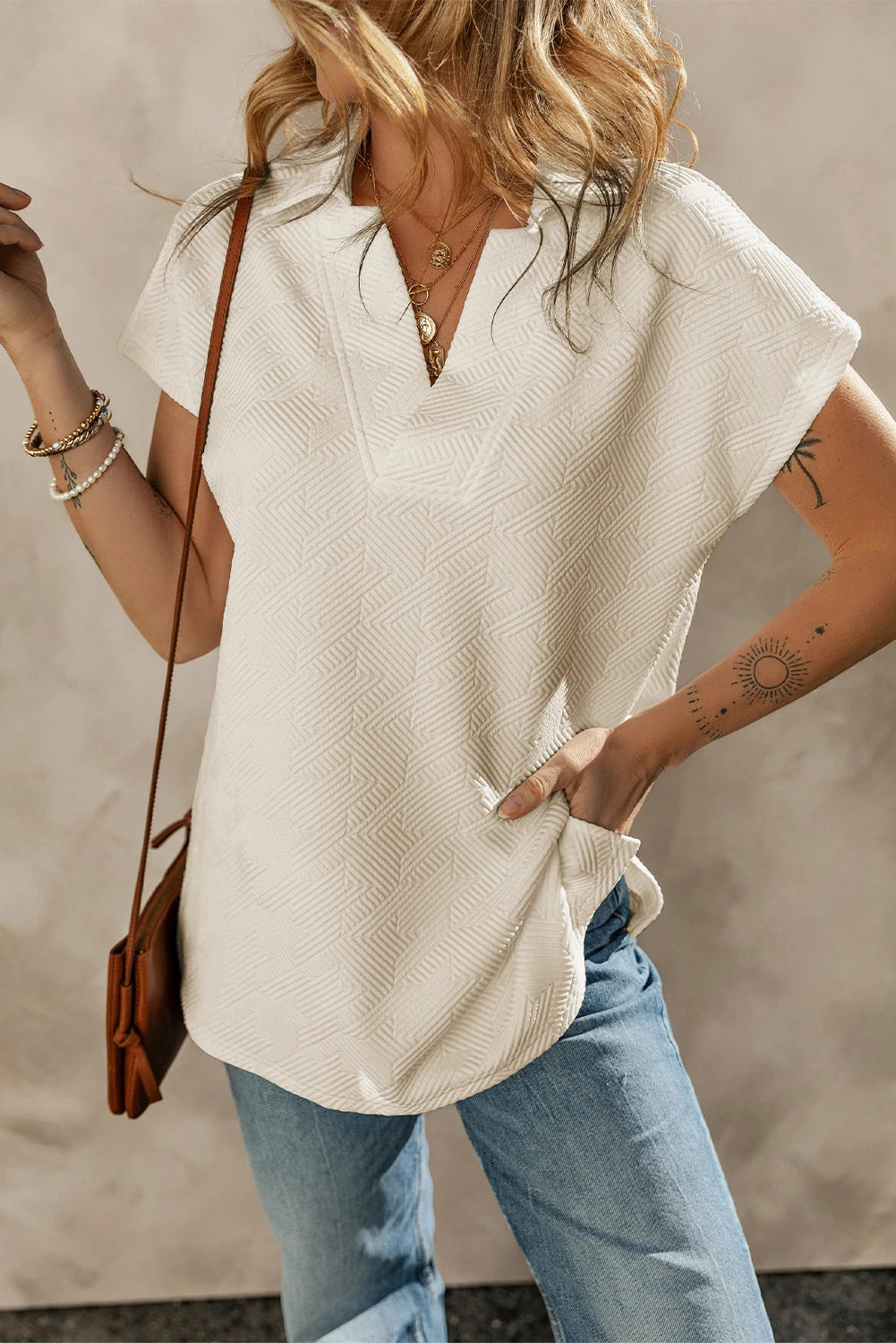 Apricot Textured V Neck Collared Short Sleeve Top ATVN-CSS
