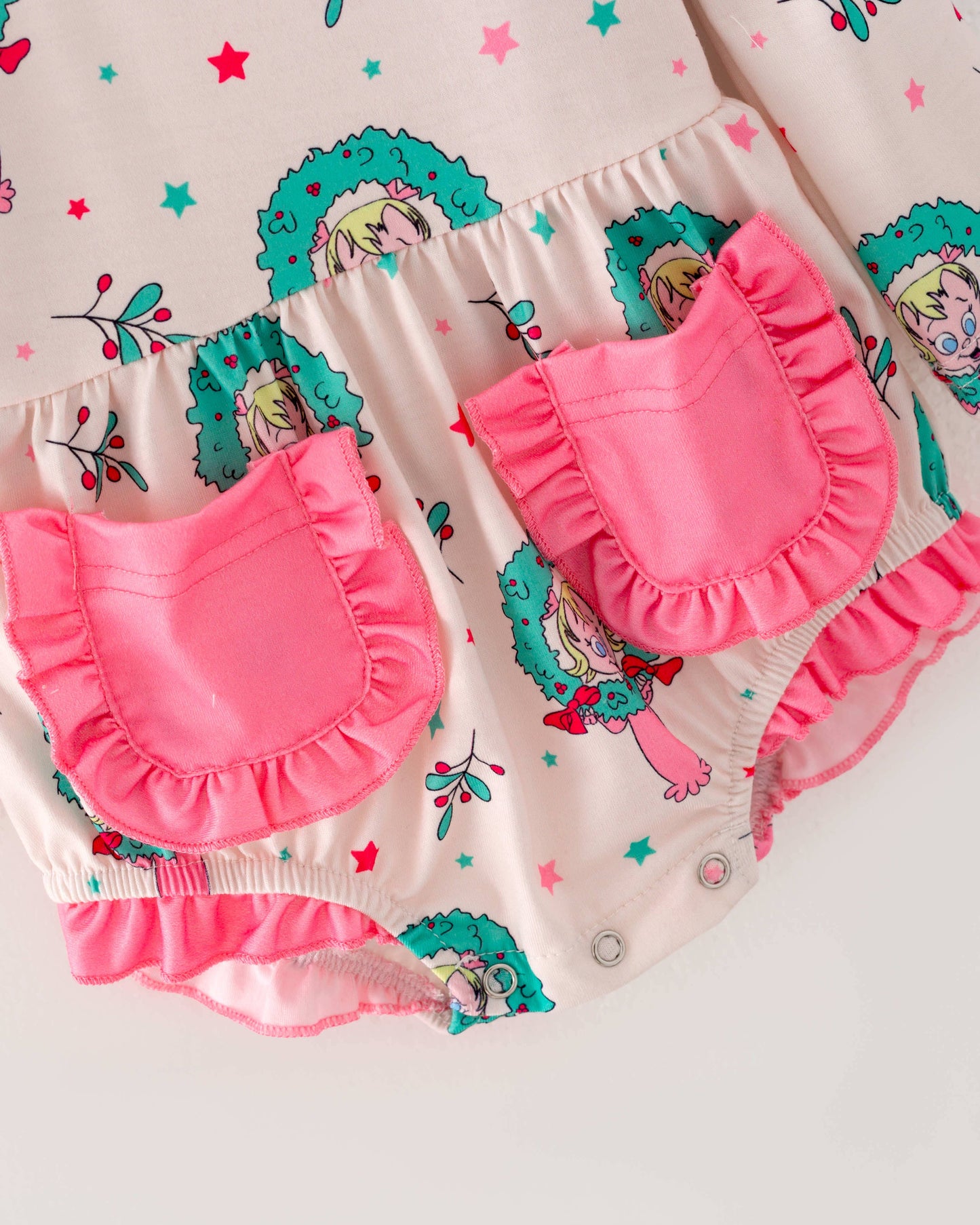 ✅ Beige Ruffle Poctet Baby Girl Bubble Romper RPG40798