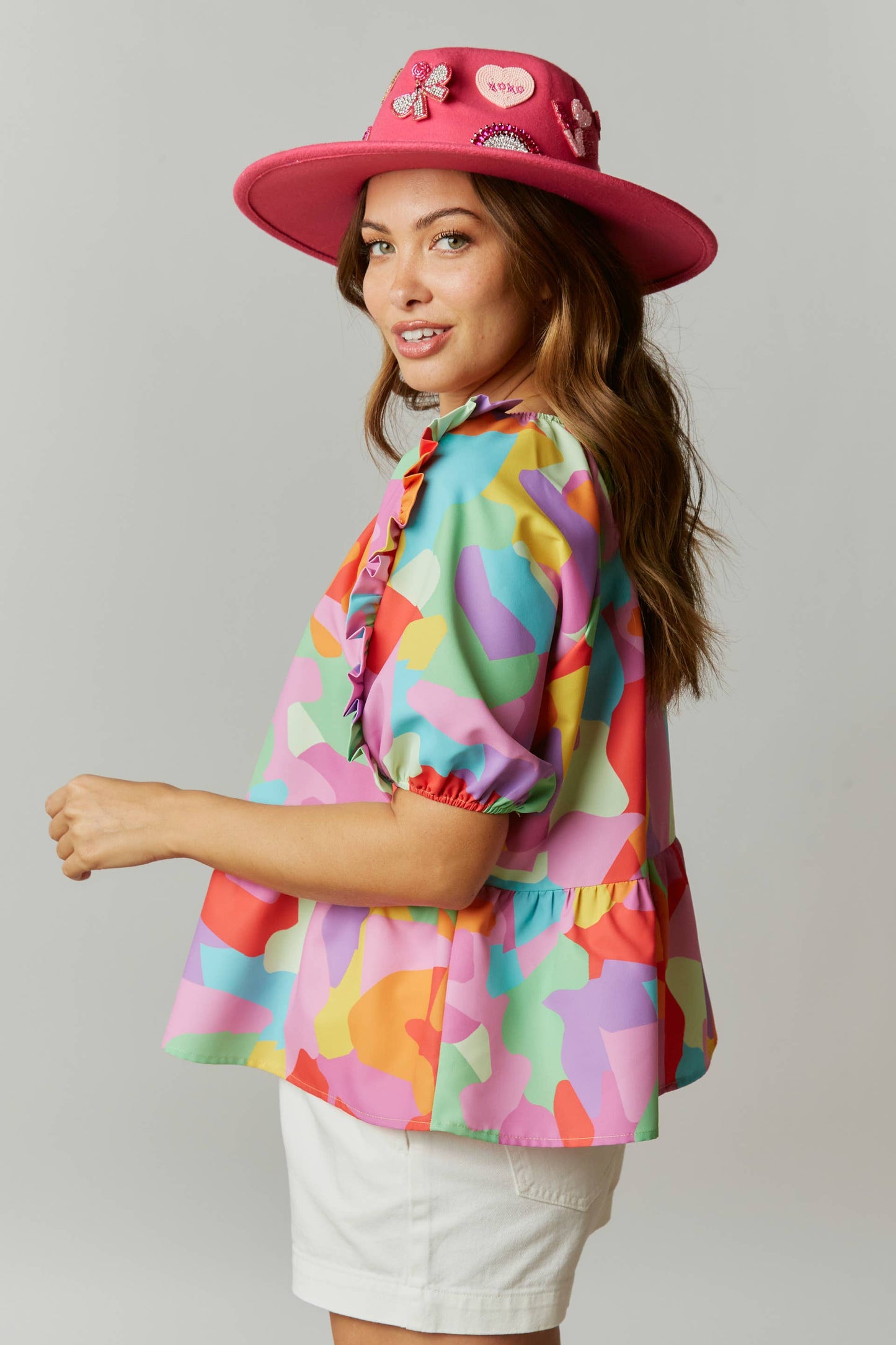 Abstract Print Ruffled Babydoll Blouse