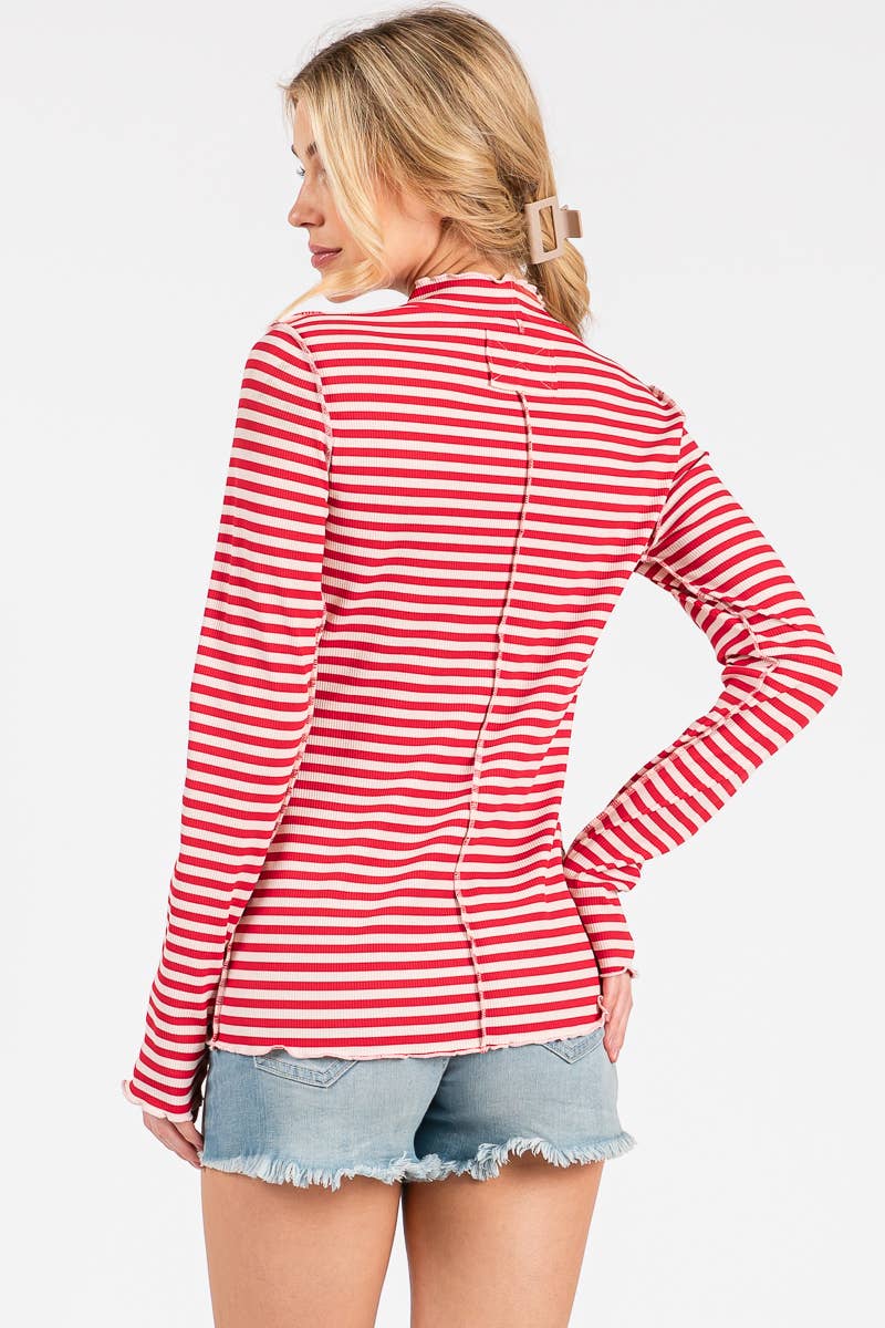 REVERSED STITCH RIBBED STRIPE LONG SLEEVE TOP-RSRSLS