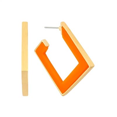 Orange Wood and Gold Squared Hoop 2" Earring