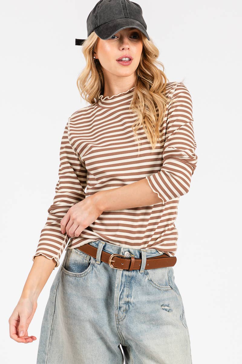 REVERSED STITCH RIBBED STRIPE LONG SLEEVE TOP-RSRSLS