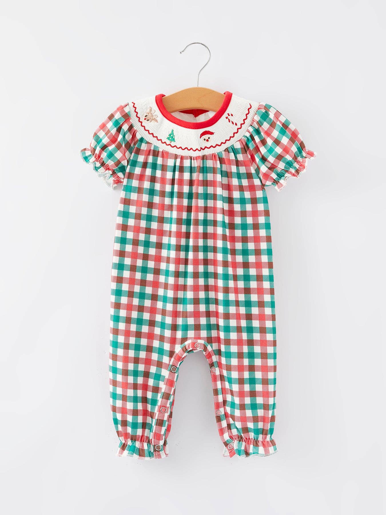 Plaid Smocking Embroidered Girls Romper RF41379