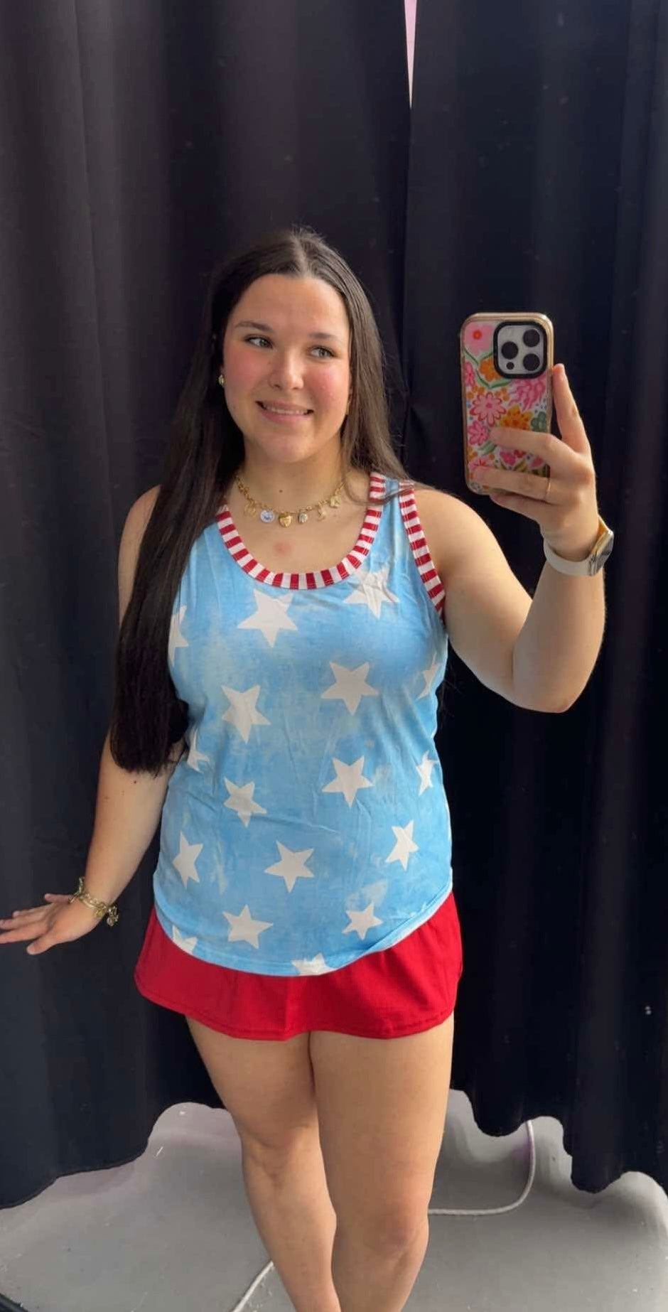 LAS DYE STAR PRINT STRIPED TRIM CASUAL TANK TOP-060826MG