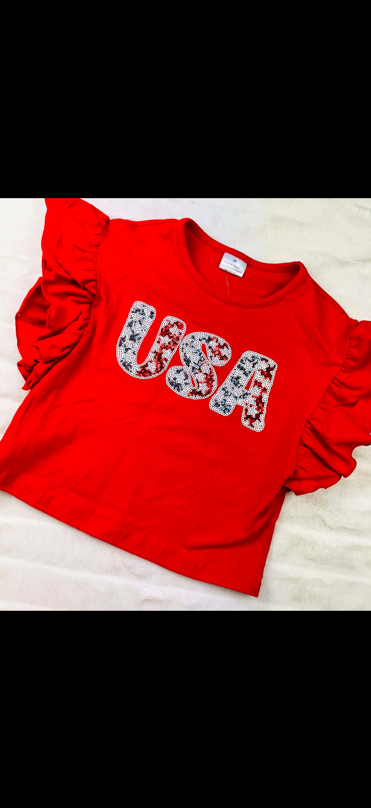 Girl’s Set USA Sequin Appliqué Red Top & Stripe Shorts OFG596