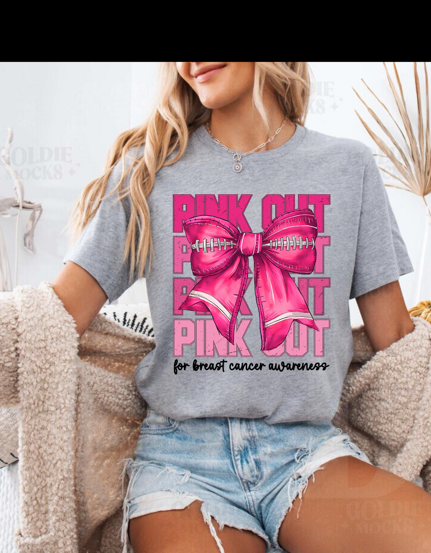 PINK OUT for breast cancer (big pink bow, 4 different pink out words in a row) T-shirt ADULT SIZING ONLY