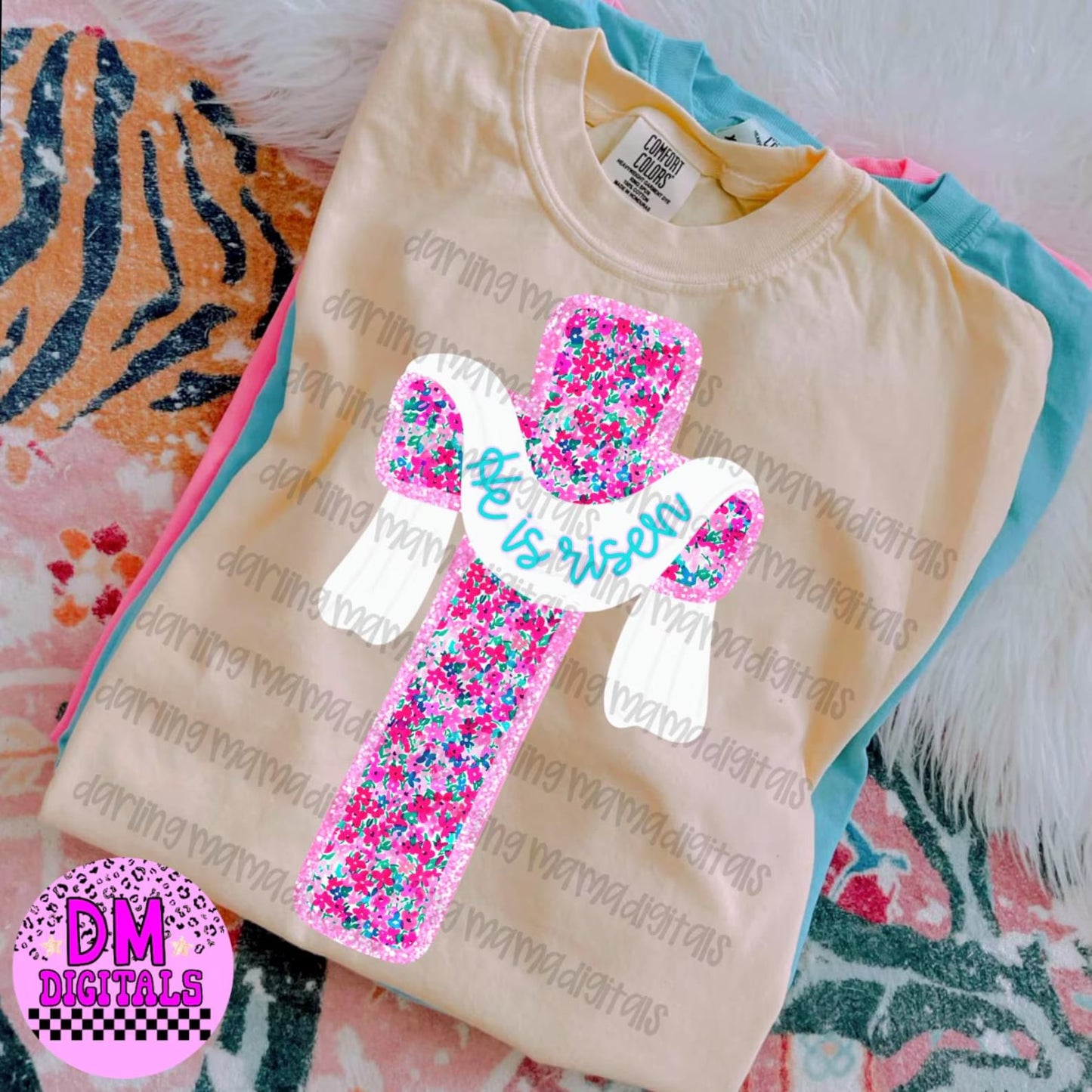 Floral Cross with He is Risen on Ribbon - T SHIRT - (Gildan)