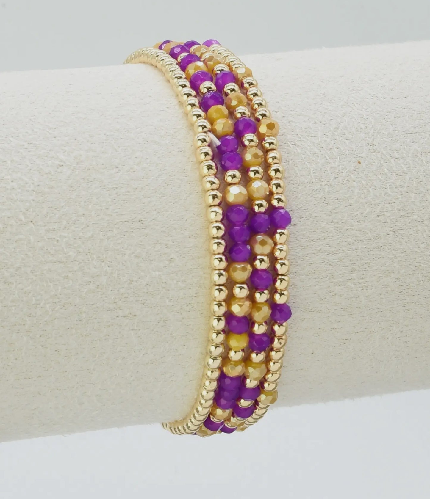 Set of 4 Yellow and Purple Glass Bead and Gold Stretch Bracelets- 110425br