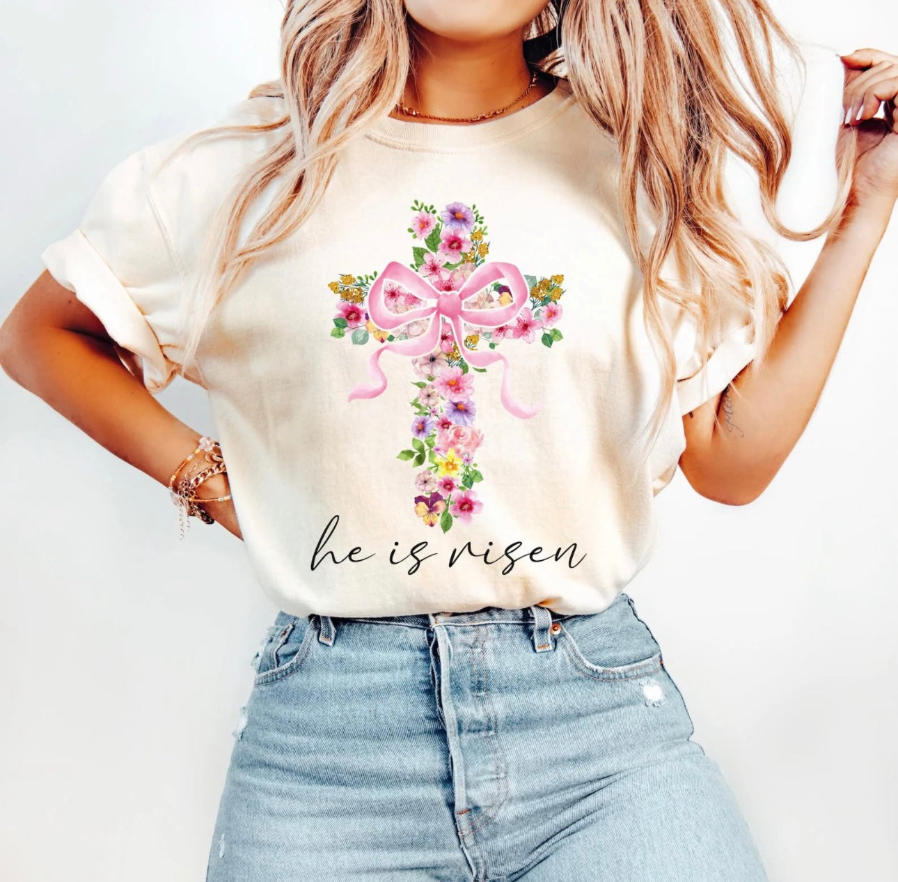 He is Risen - Floral Cross with Bow - T SHIRT - (Gildan)