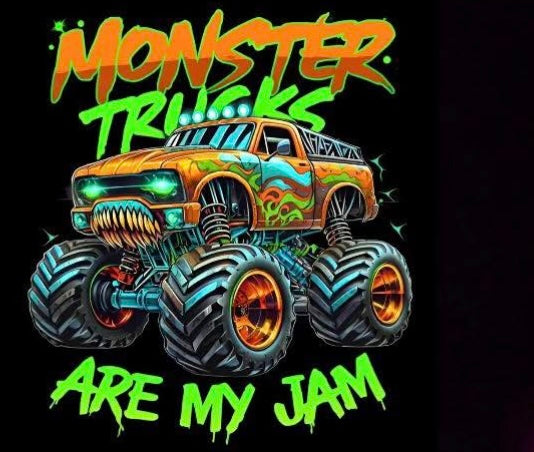 Monster Trucks ARE MY JAM(orange and green w more teeth)- T SHIRT- (GILDAN/LAT)