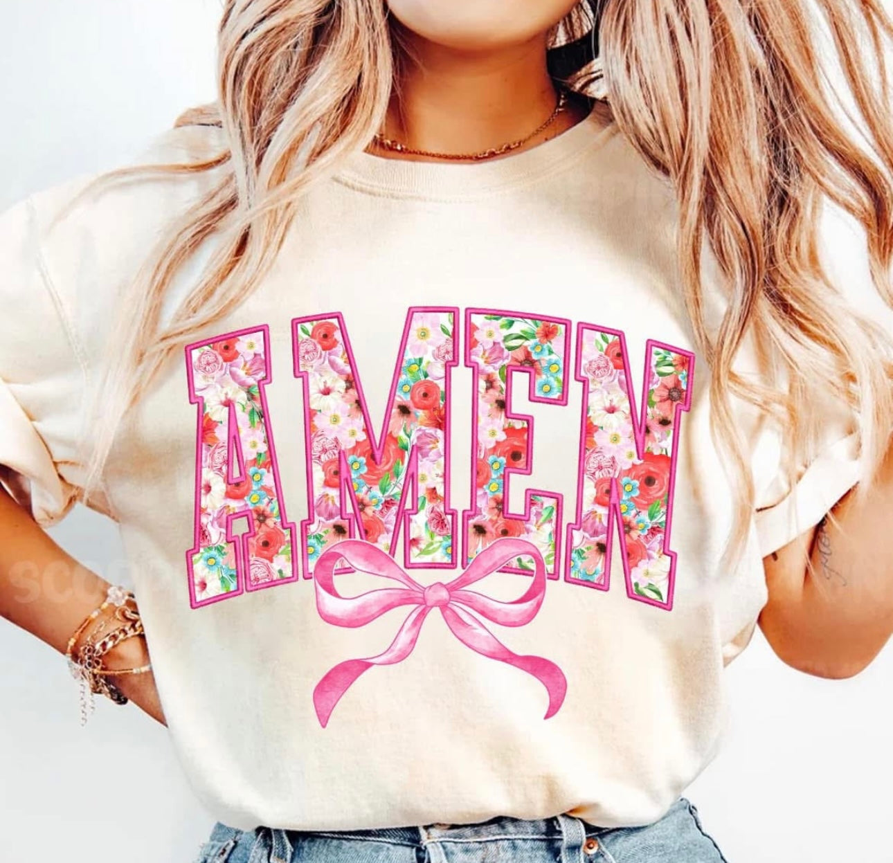 Amen (floral with bow) - T SHIRT - (Gildan)