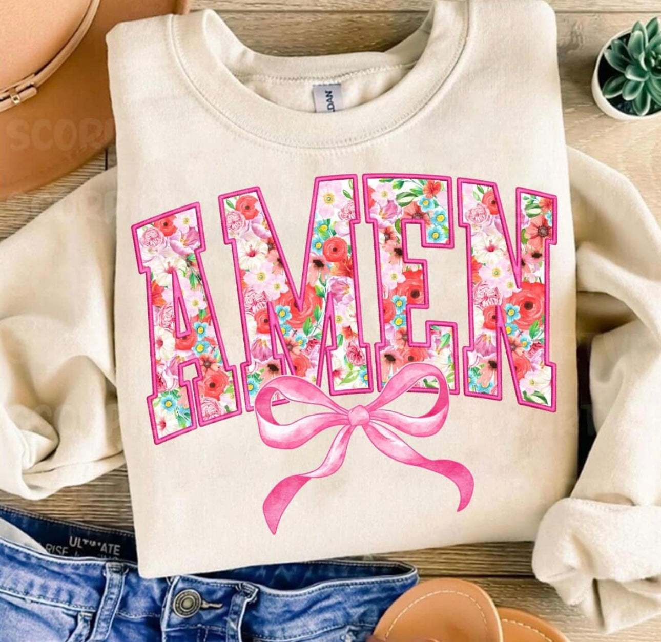 Amen (floral with bow) - T SHIRT - (Gildan)