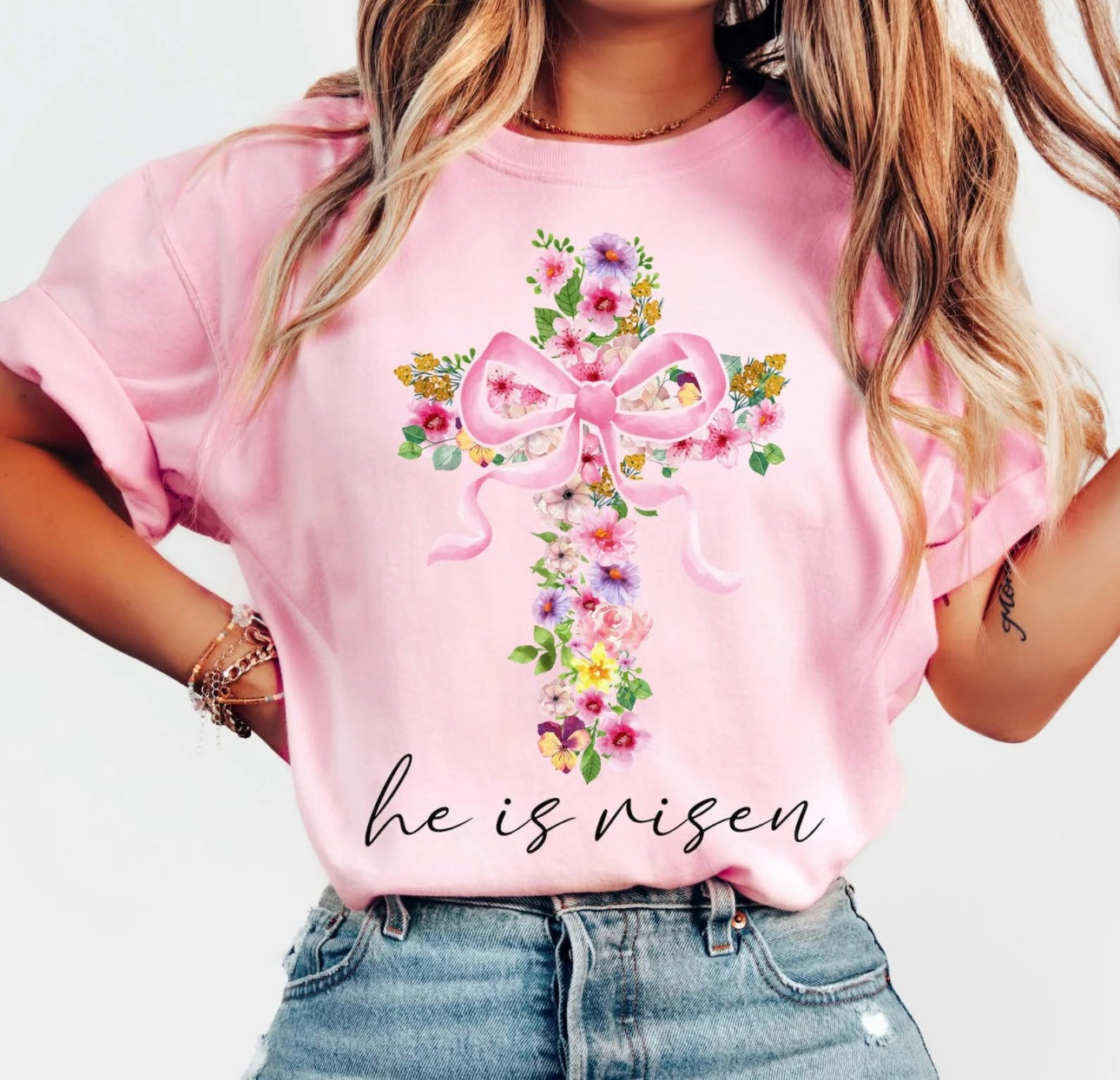 He is Risen - Floral Cross with Bow - SWEATSHIRT - (Gildan)