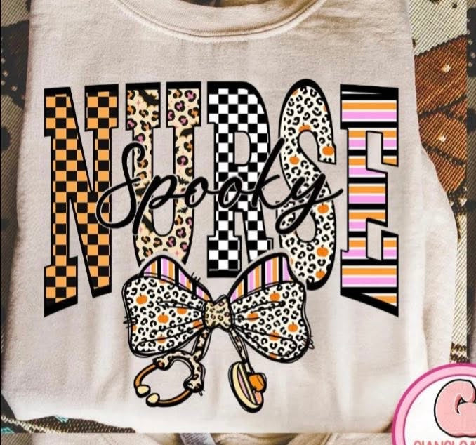 Spooky Nurse with Leopard Bow Stethoscope - T SHIRT - (Bella/Comfort Color)