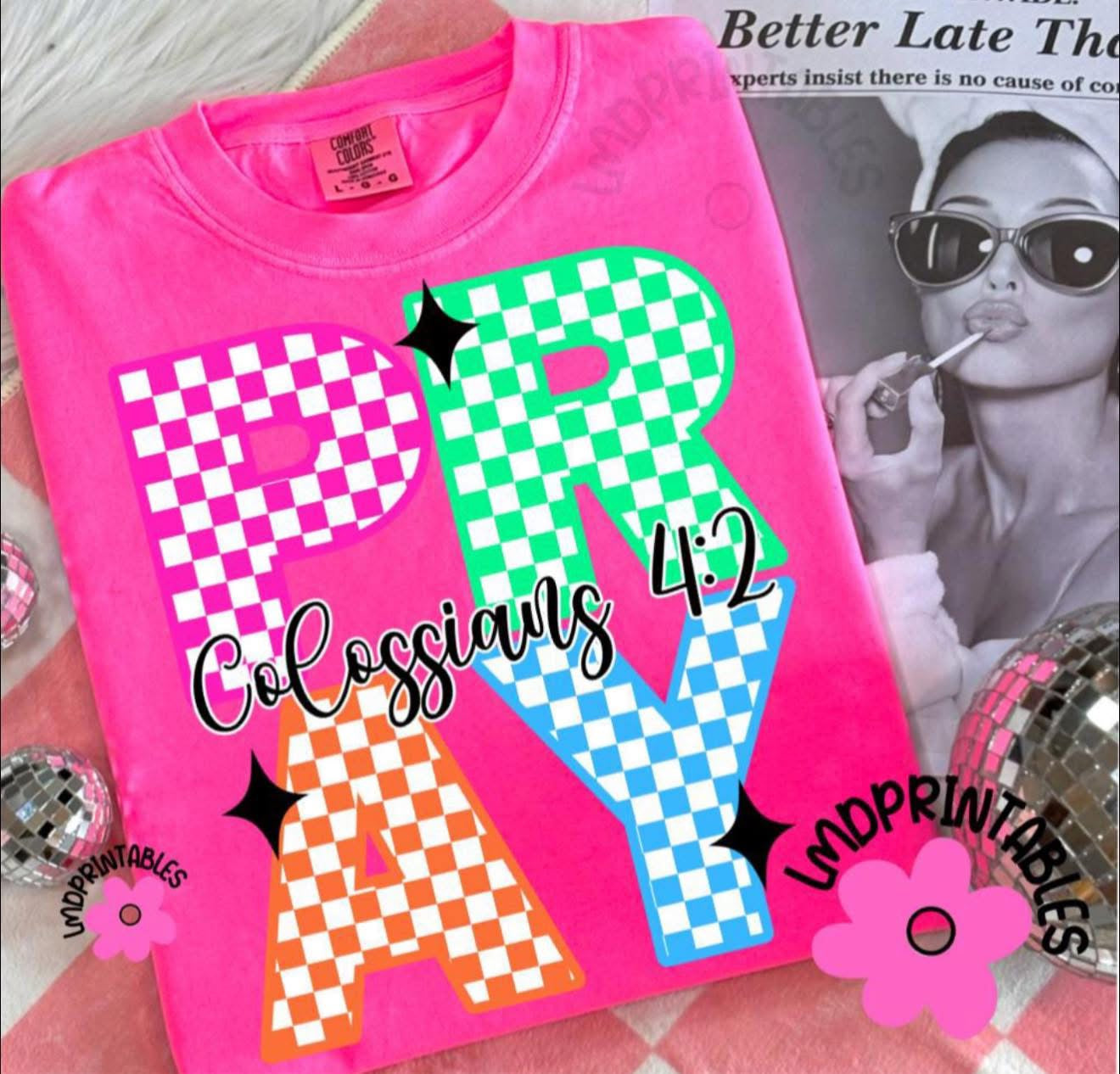 PRAY (stacked neon plaid letters) - T SHIRT - (Comfort Color/Bella)