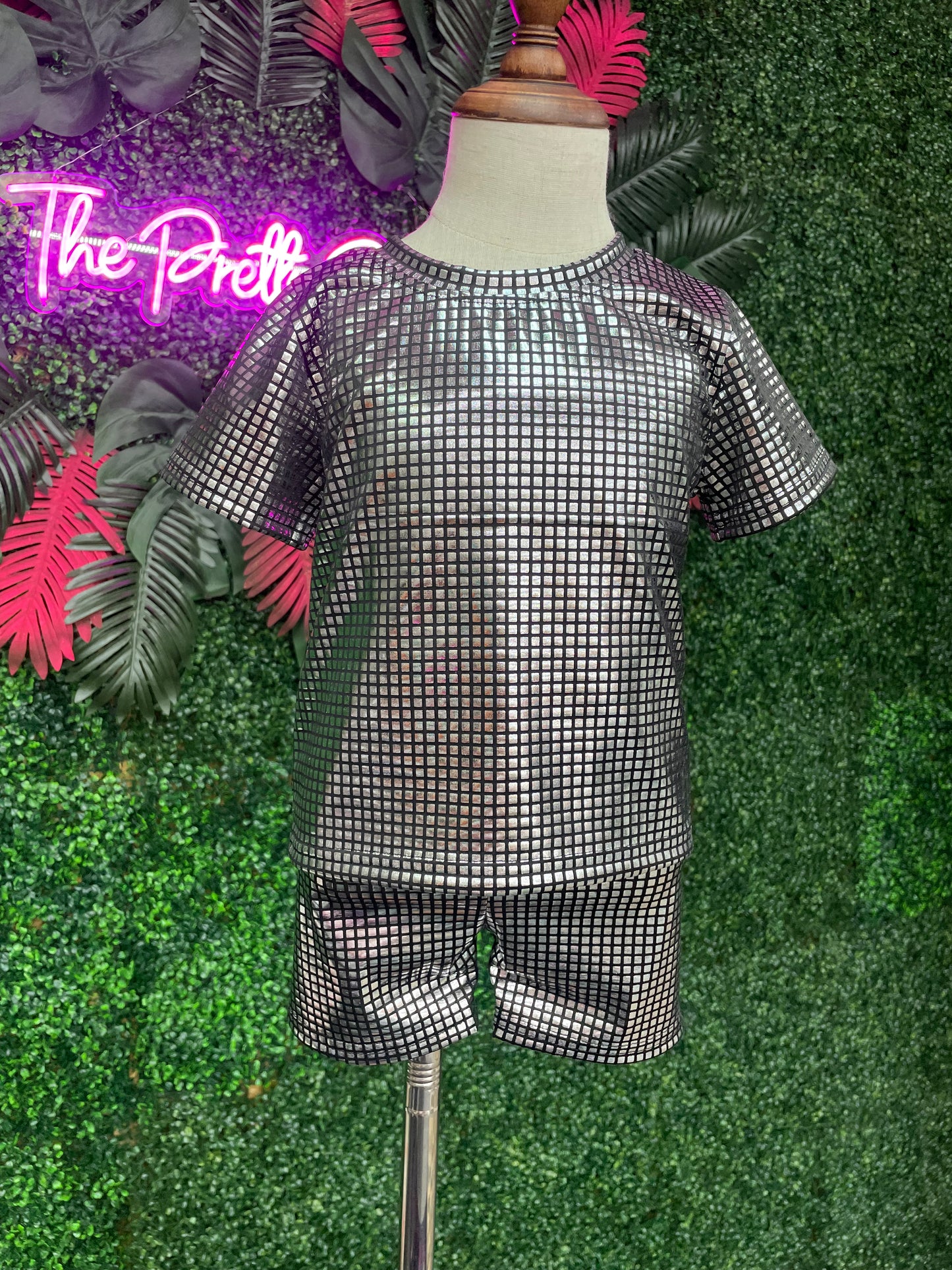 BLACK SPARKLY PRINTED SHORT SET OFG4-1195