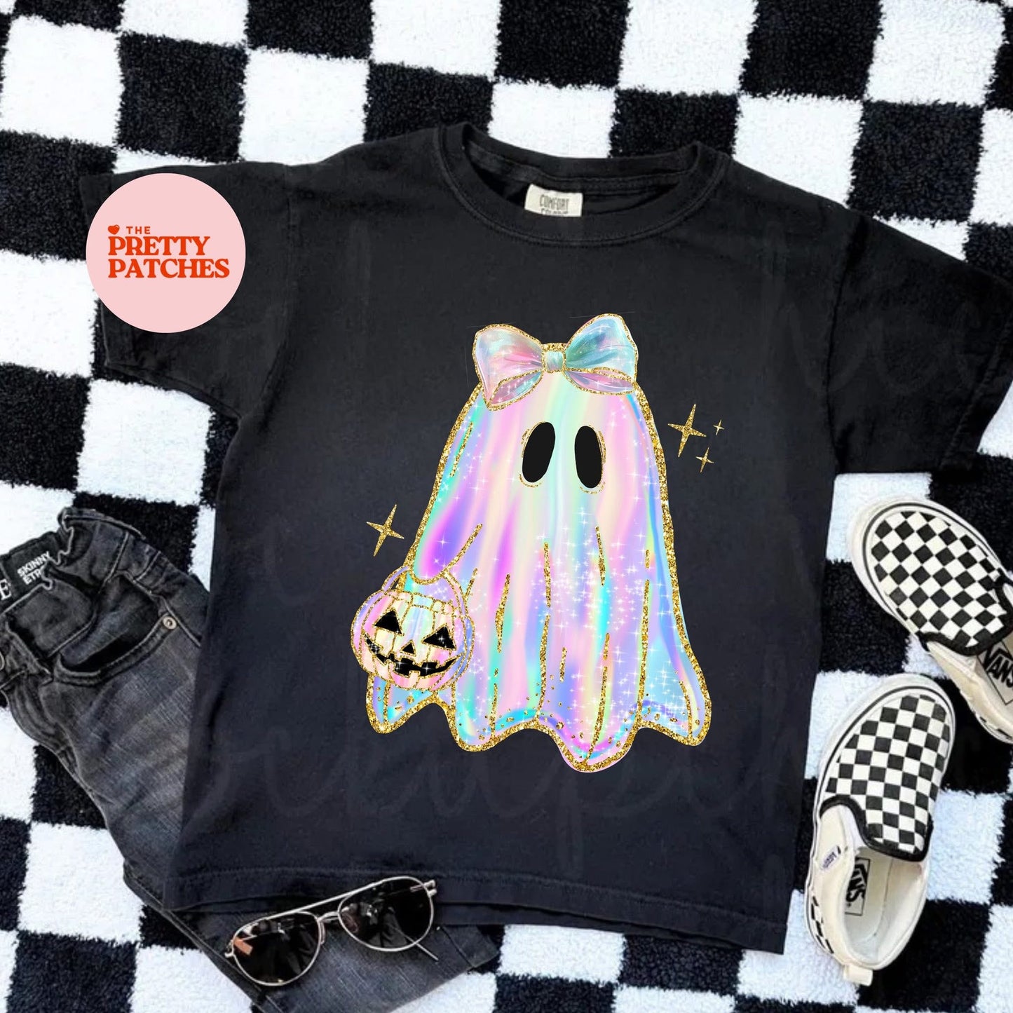 Girly, Glittery Ghost with Bow - T SHIRT - (Jerzee/Gildan)