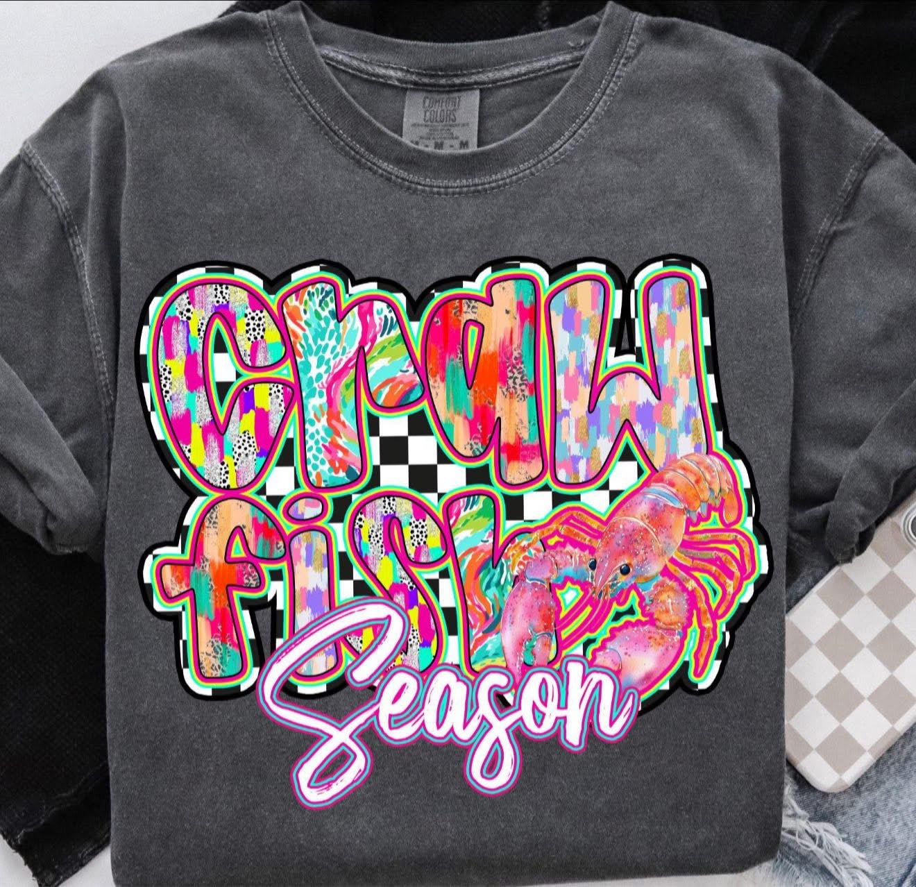 Crawfish Season Brushstrokes with Checkered Background - T SHIRT - (Comfort Color)