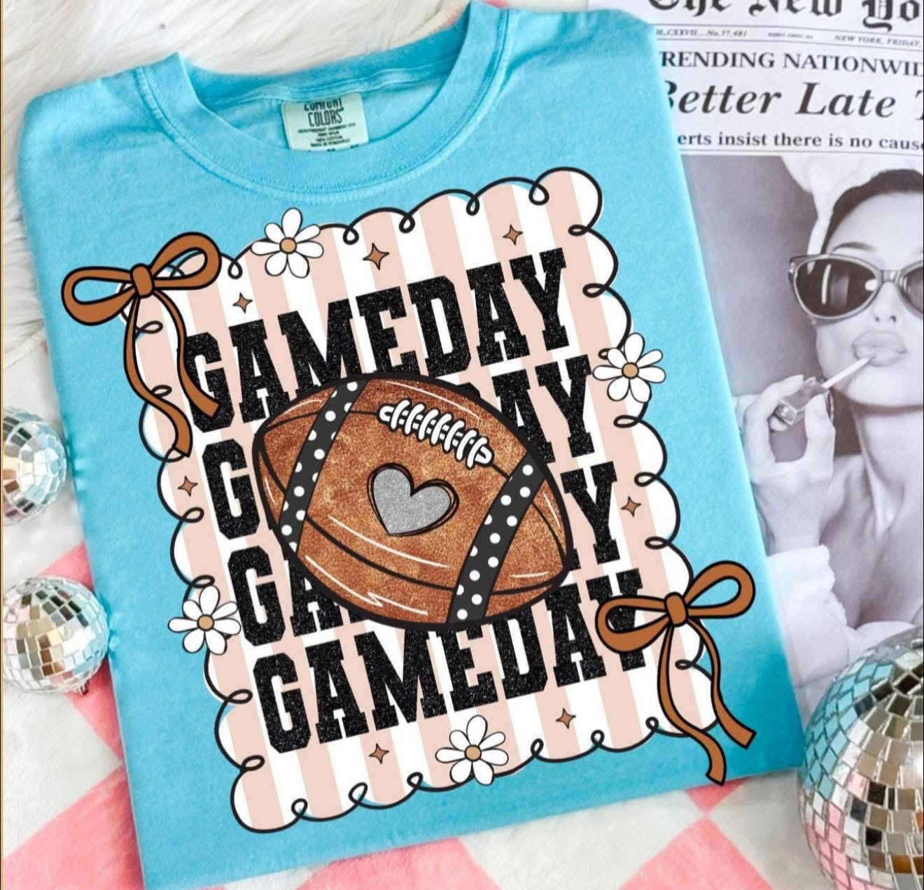 Gameday with Football & Brown Bows - T SHIRT - (Comfort Color)