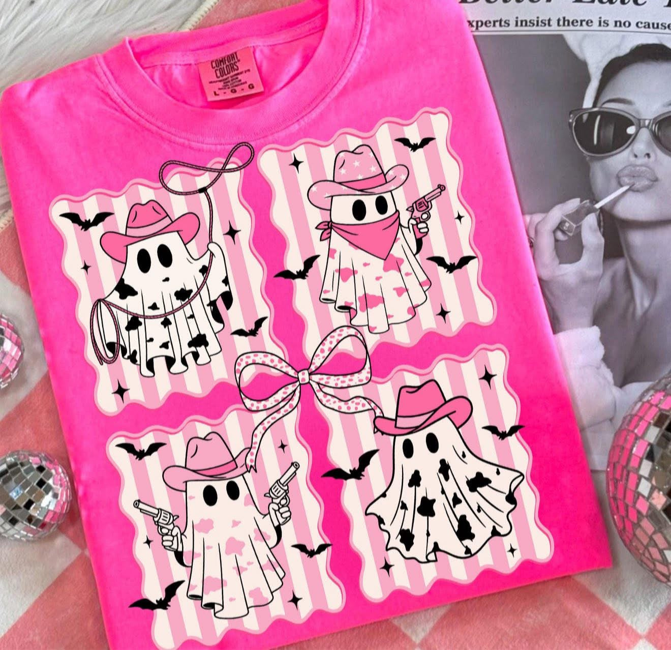 Pink Ghost Cowgirl with Bats - T SHIRT - (Comfort Color/Bella)