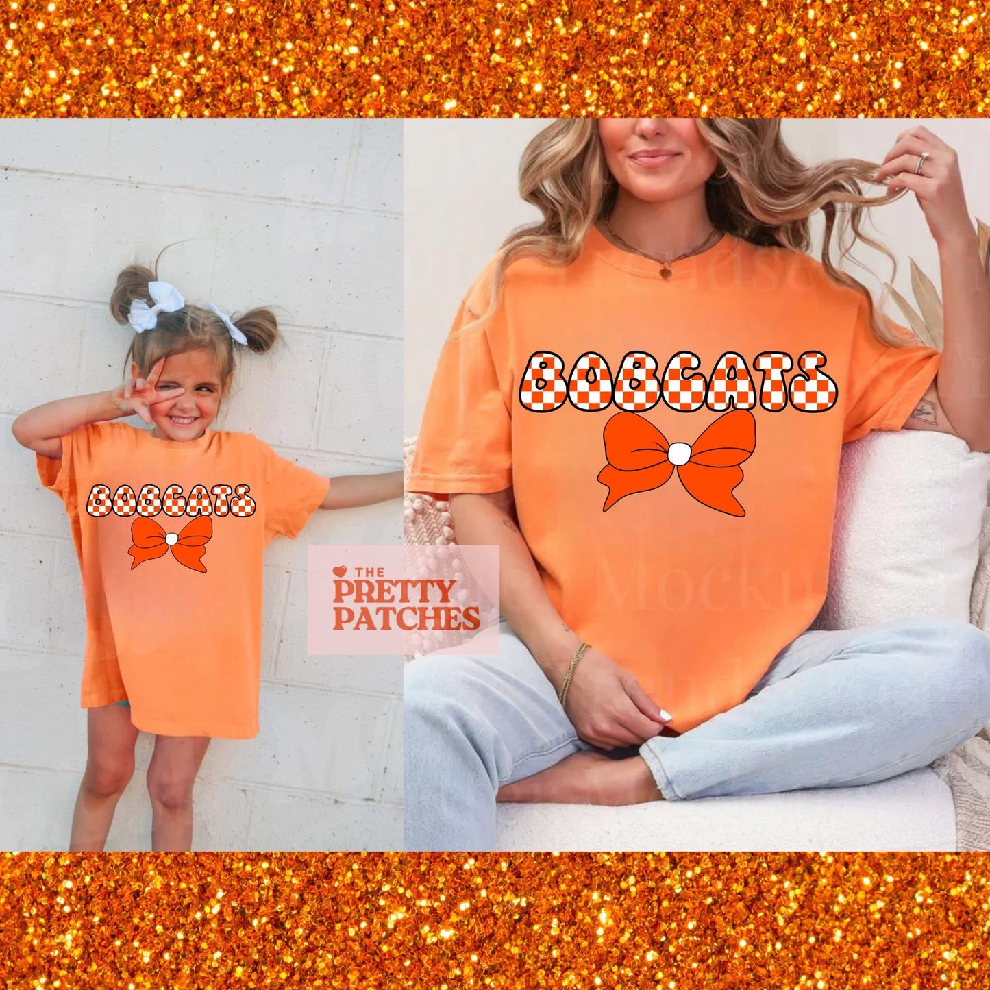Checkered Bobcats with Orange Bow - T SHIRT - (Comfort Color)