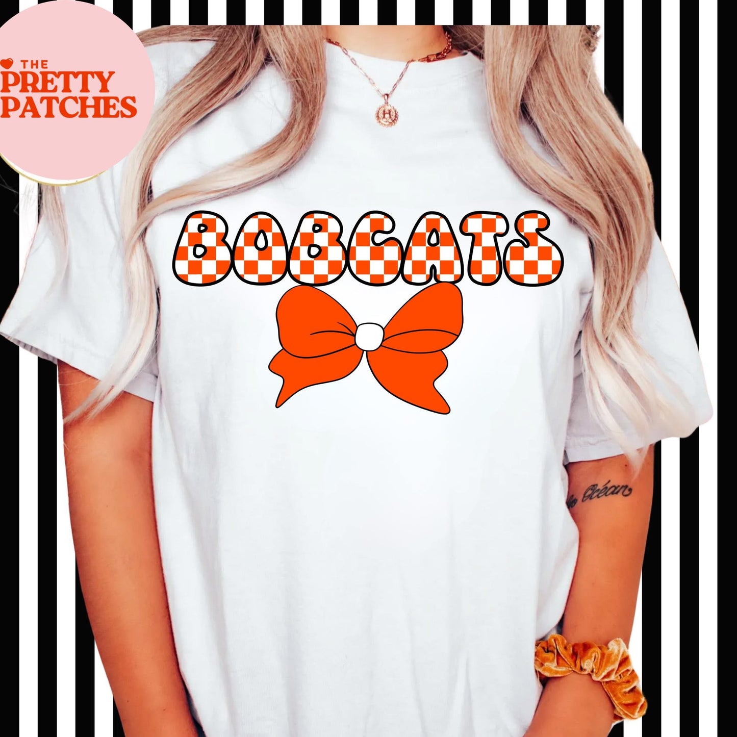 Checkered Bobcats with Orange Bow - T SHIRT - (Comfort Color)
