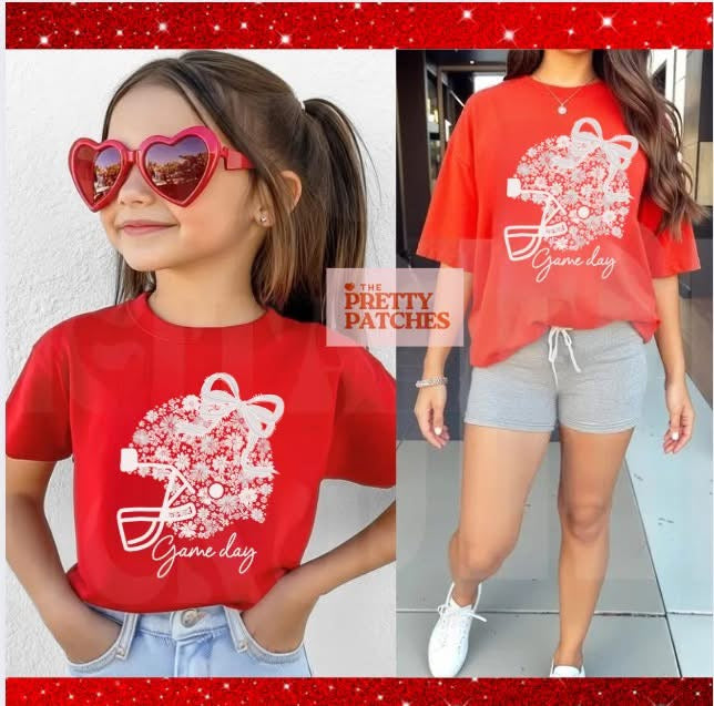 Floral Football Helmet with Bow - T SHIRT - (Comfort Color/Bella)
