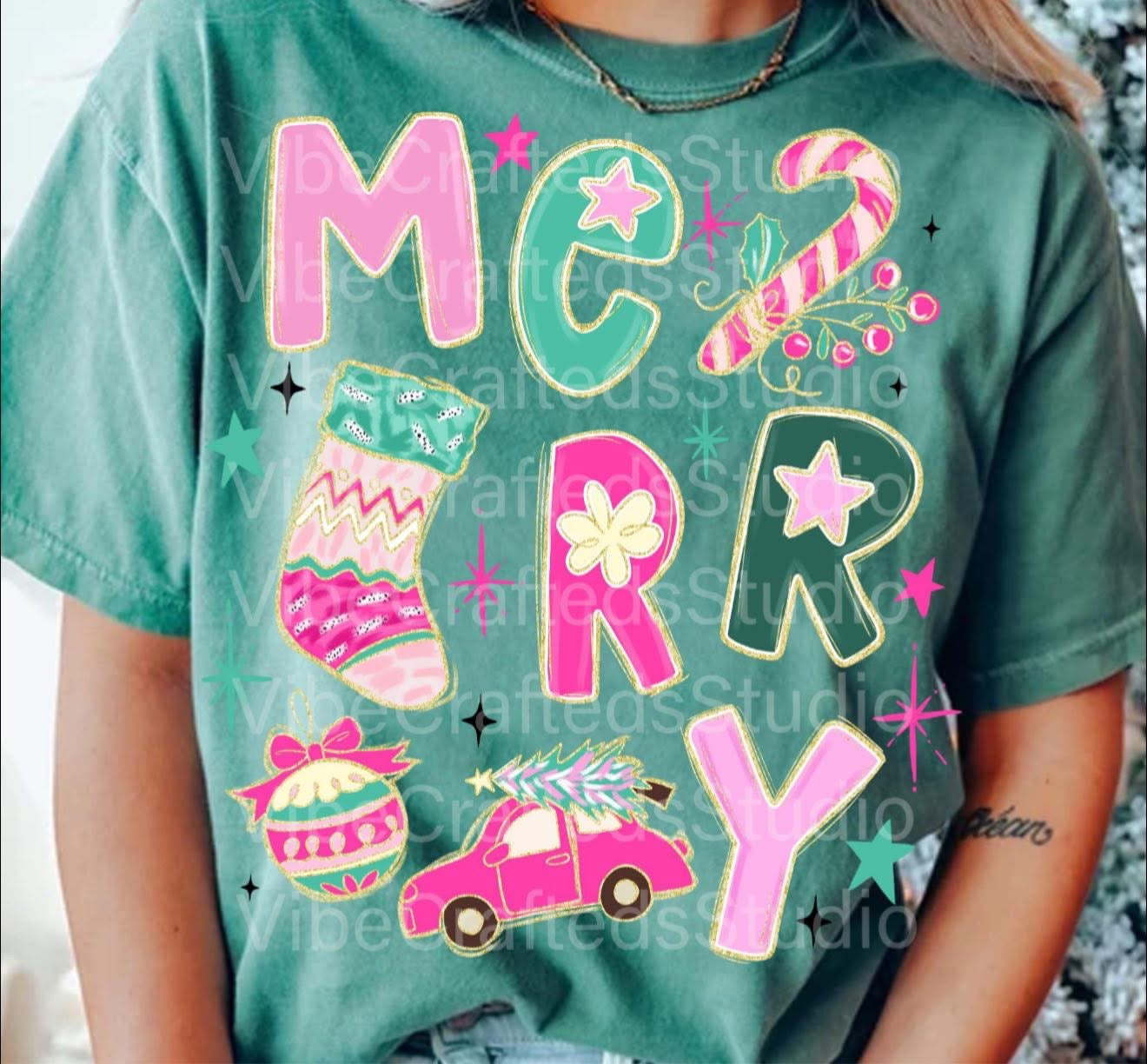 MERRY with Candy Cane, Stocking & Truck - T SHIRT - (Comfort Color)