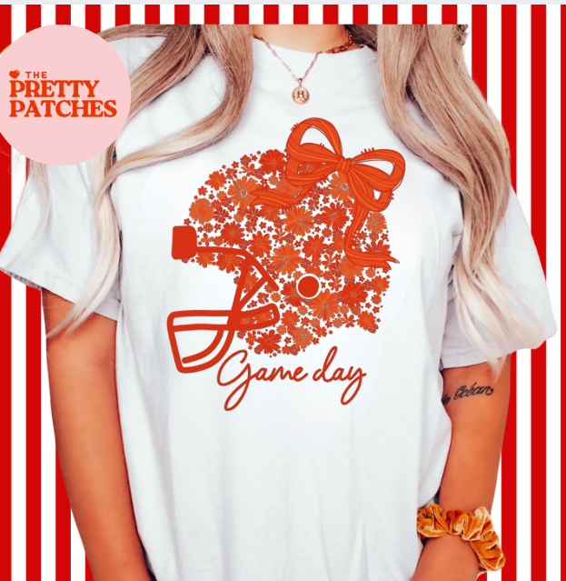 Floral Football Helmet with Bow ORANGE DESIGN ONLY - T SHIRT - (Jerzee/Gildan)