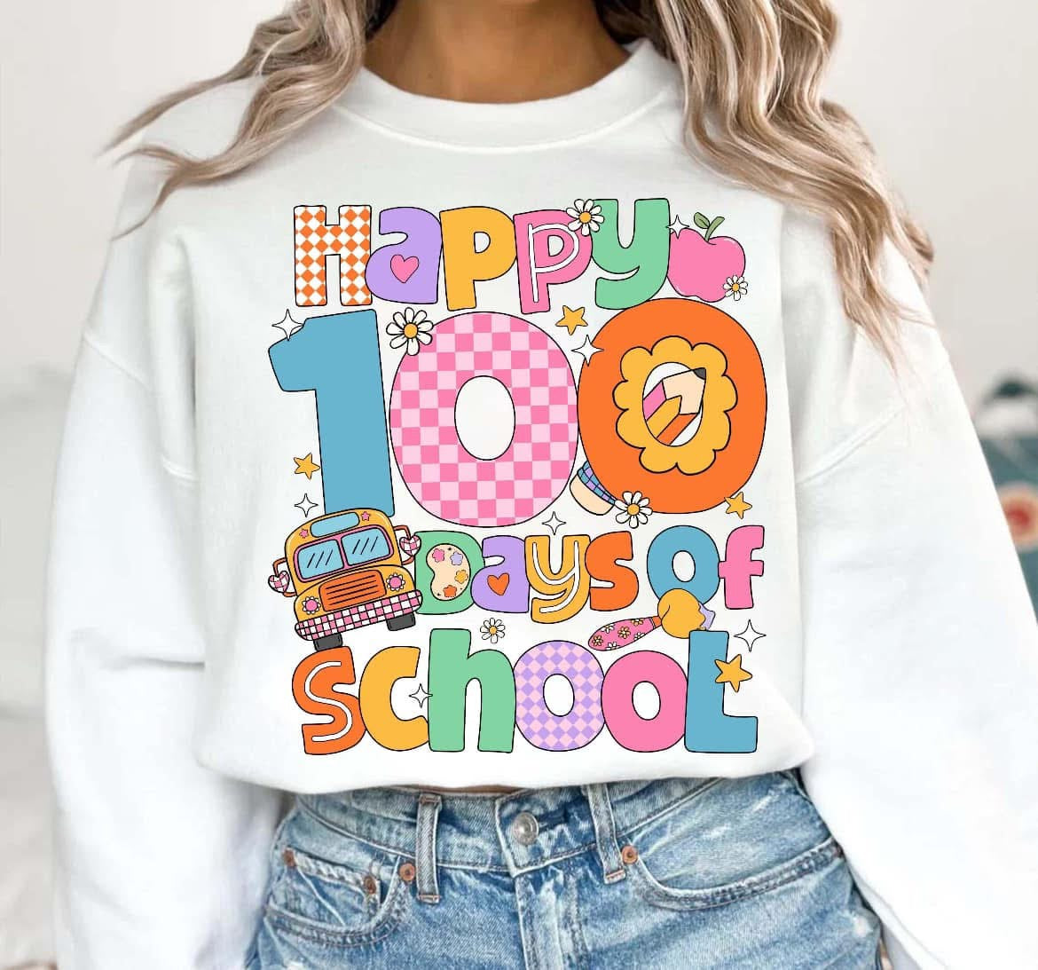 Happy 100 Days of School - Retro School Bus - T SHIRT - (Gildan Brand only)