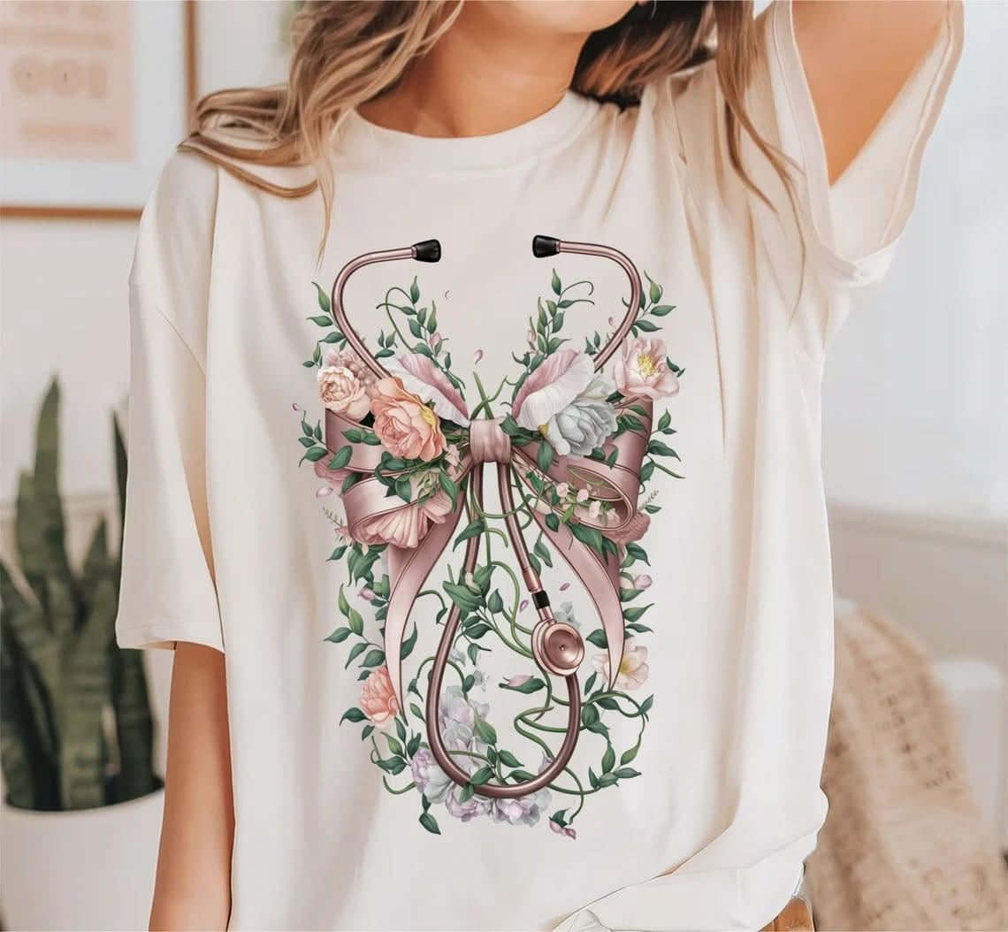 Stethoscope with Floral & Bow - T SHIRT- (Gildan)