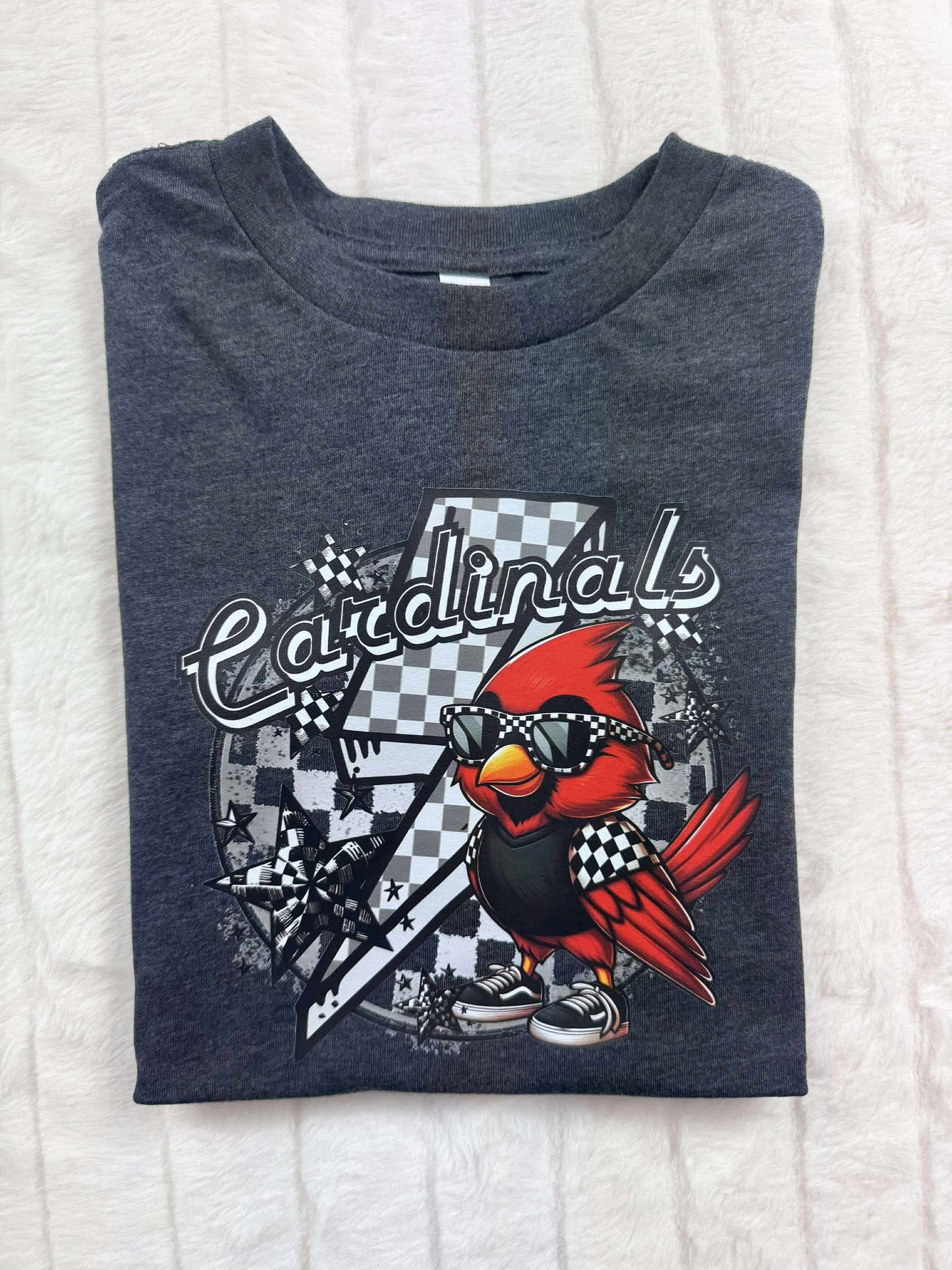 Cardinal (red bird sun glasses checkered shirt stars, checkered lightning bolt) - T SHIRT - (Jerzee/Gildan)