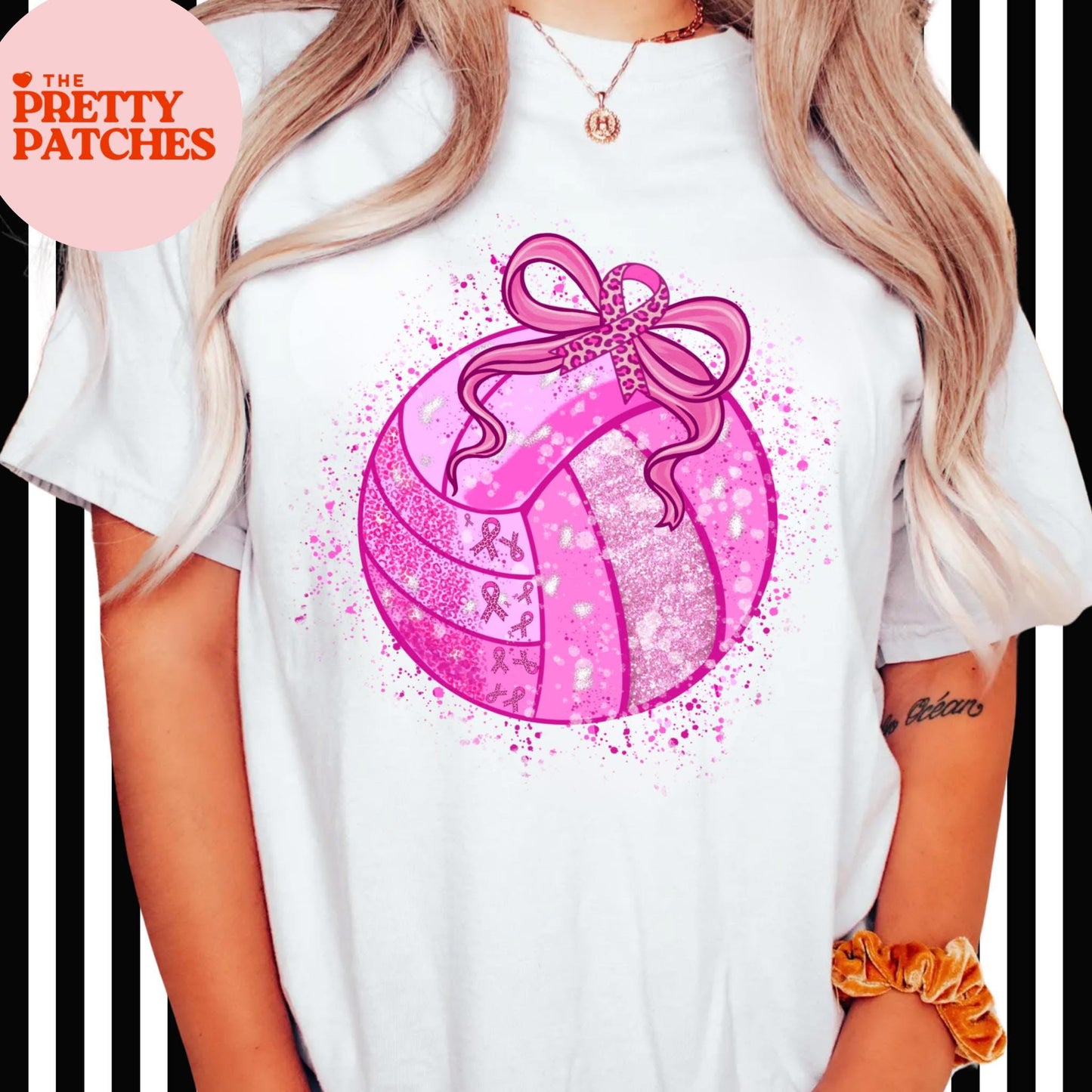 Pink Out Faux Glitter Volleyball with Bow - T SHIRT - (Jerzee/Gildan)