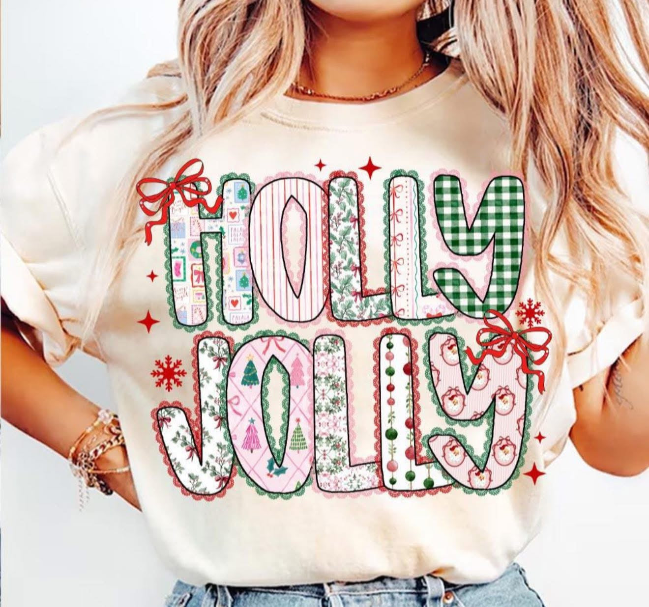 Holly Jolly with 2 Red Dainty Bows- T SHIRT - (Jerzee/Gildan)