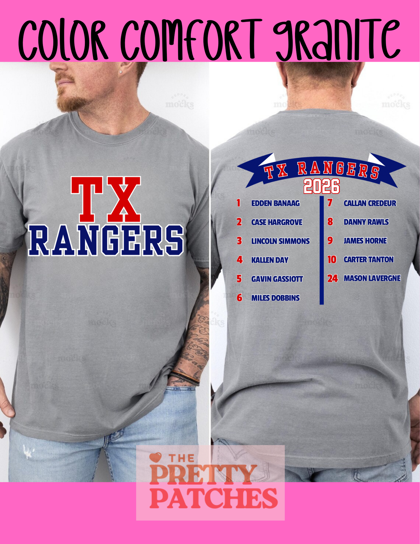 TX RANGERS - GILDAN TSHIRT- SPORT GREY (FRONT AND BACK IMAGES)