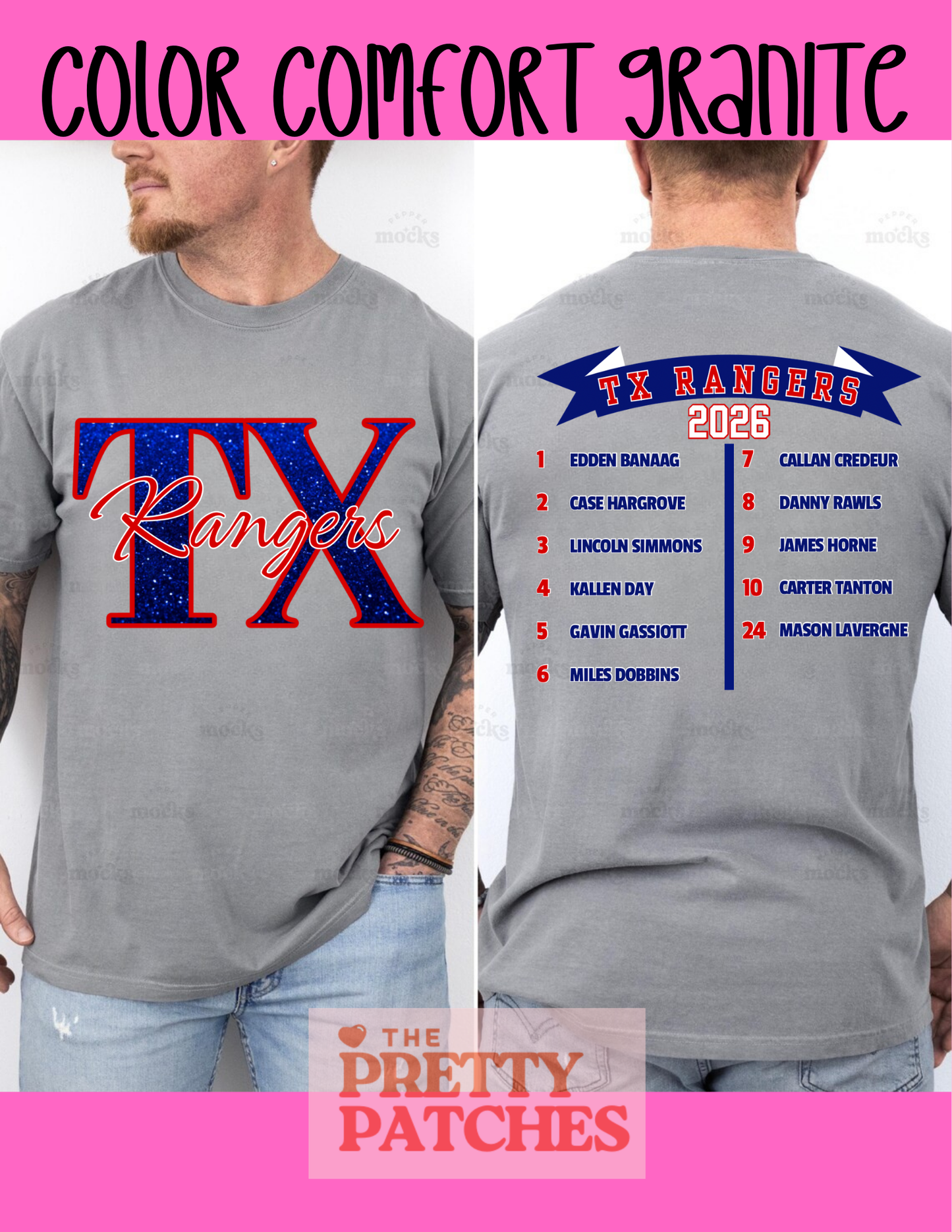 TX RANGERS - COMFORT COLORS TSHIRT- GRANITE (FRONT AND BACK IMAGES) - AARAN GASSIOTT