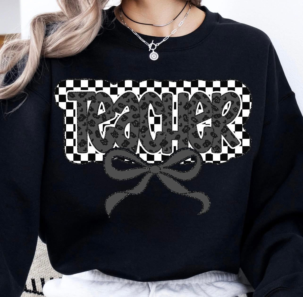 Checkered Teacher with Bow - T SHIRT - (Bella)