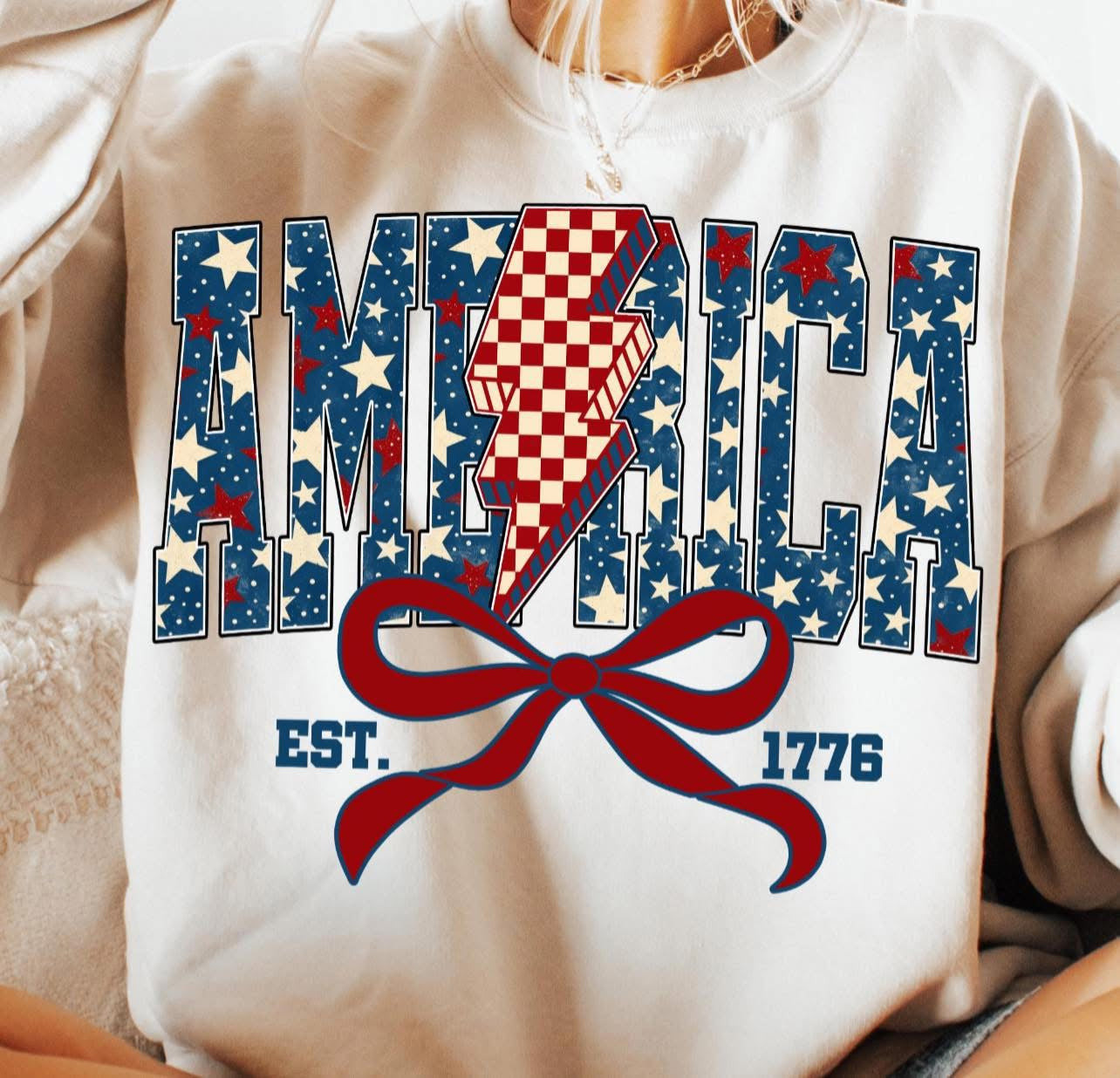 America with Stars & Lightning Bolt - T SHIRT - (Jerzee/Gildan)