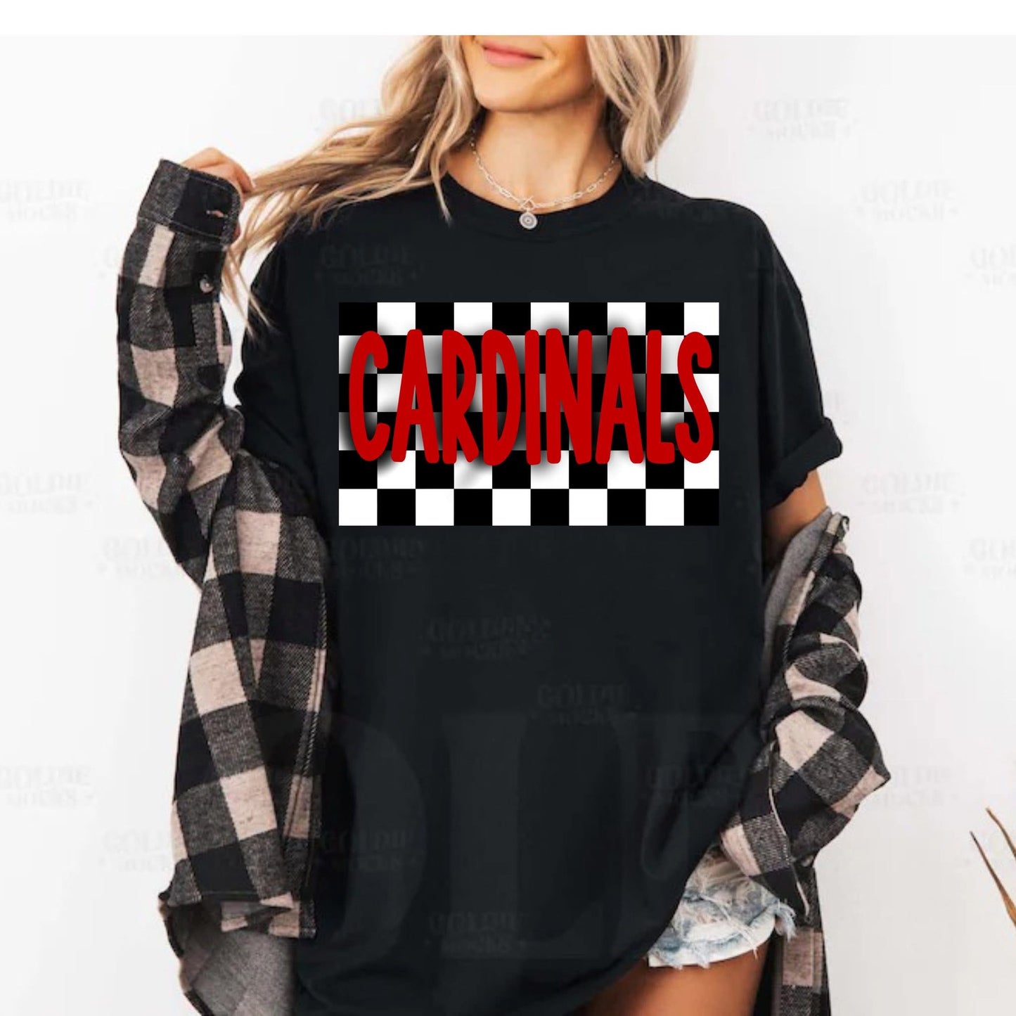 Cardinals on Checkered Background - T SHIRT - (Bella/Comfort Color)