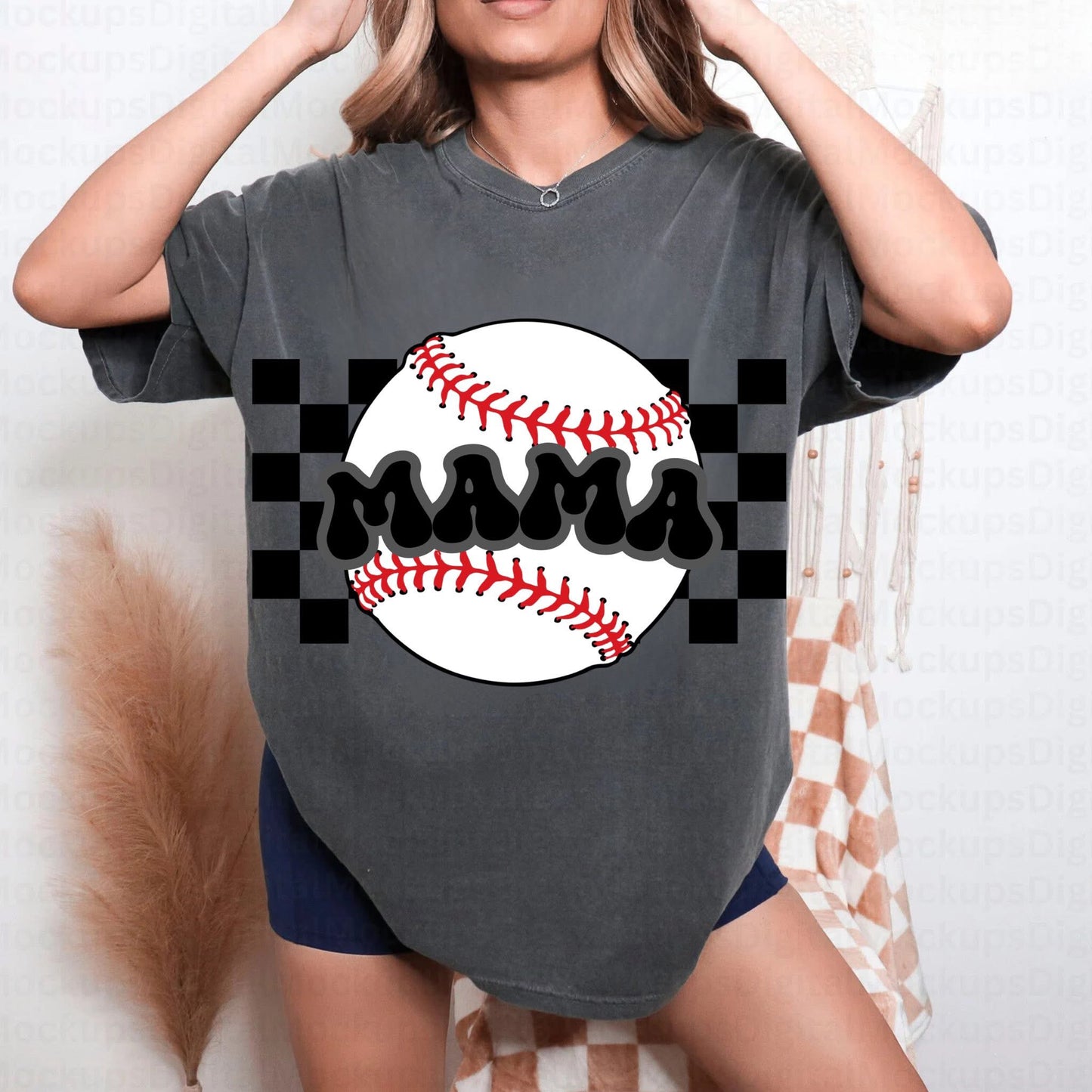 Baseball Mama on Checkered Background - T SHIRT - (Bella)
