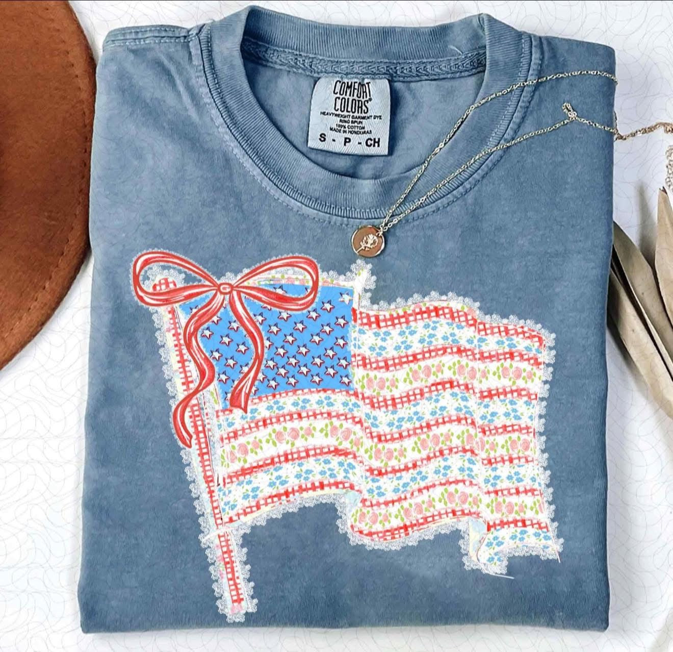 American Flag with Bow & Flowers - T SHIRT - (Comfort Color)