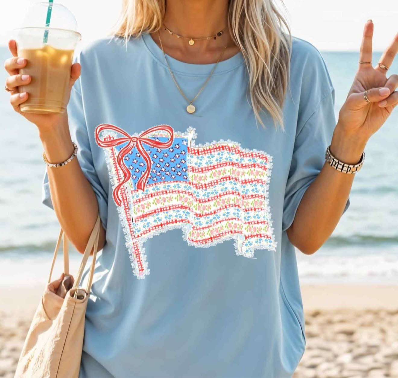 American Flag with Bow & Flowers - T SHIRT - (Comfort Color)