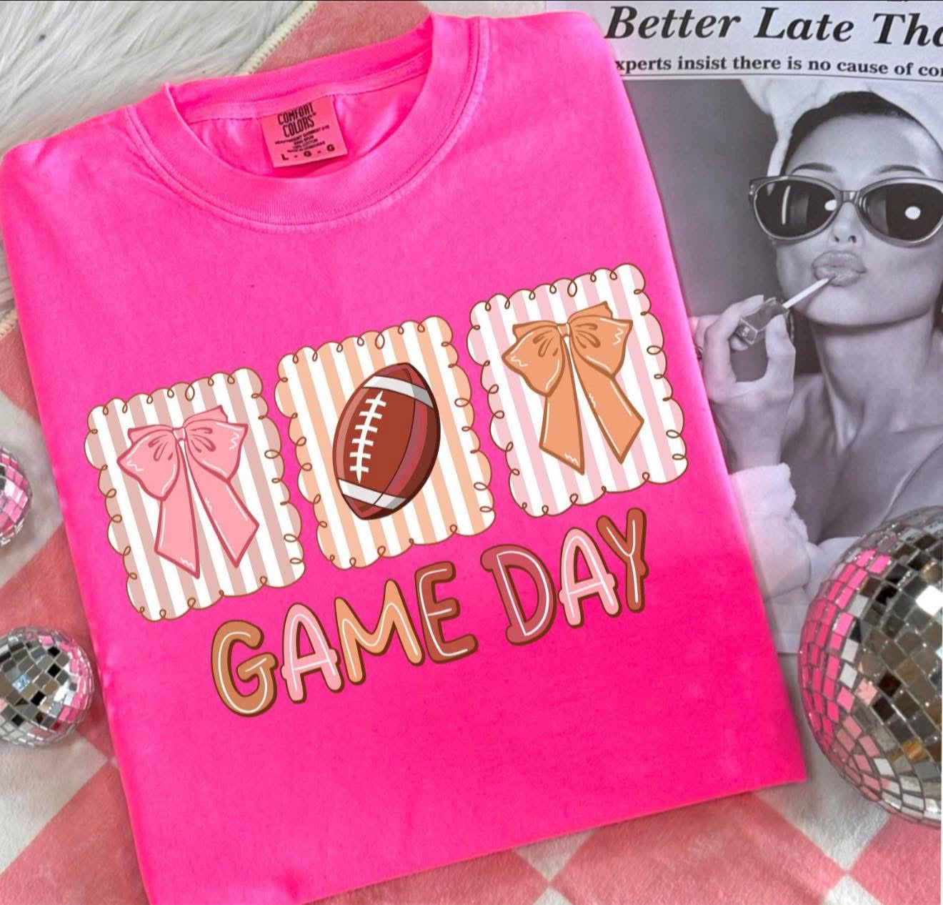 Game Day with Bow, Football & Bow - T SHIRT- (Jerzee/Gildan)