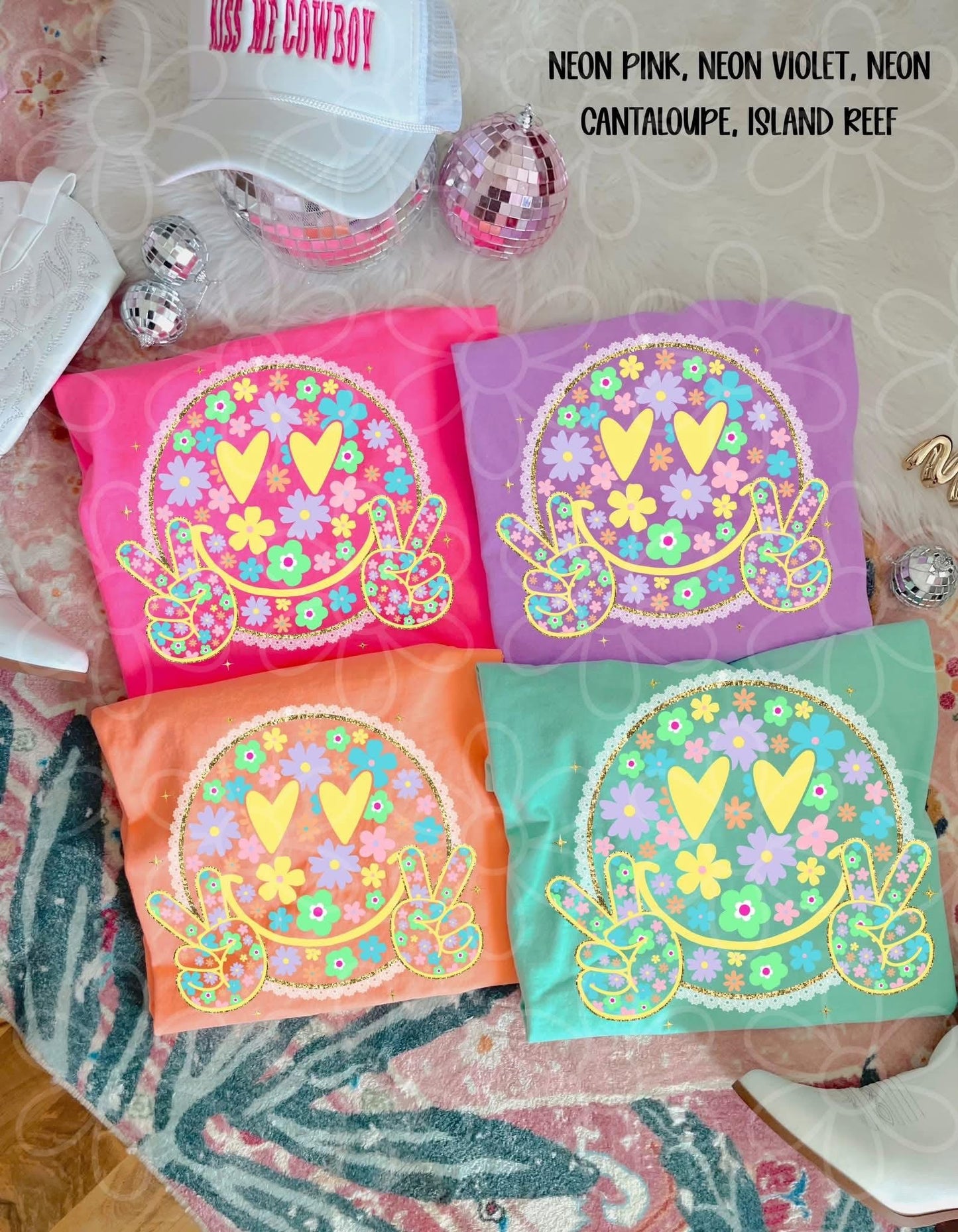 Floral Smiley with Peace Sign - T SHIRT- (Comfort Colors)